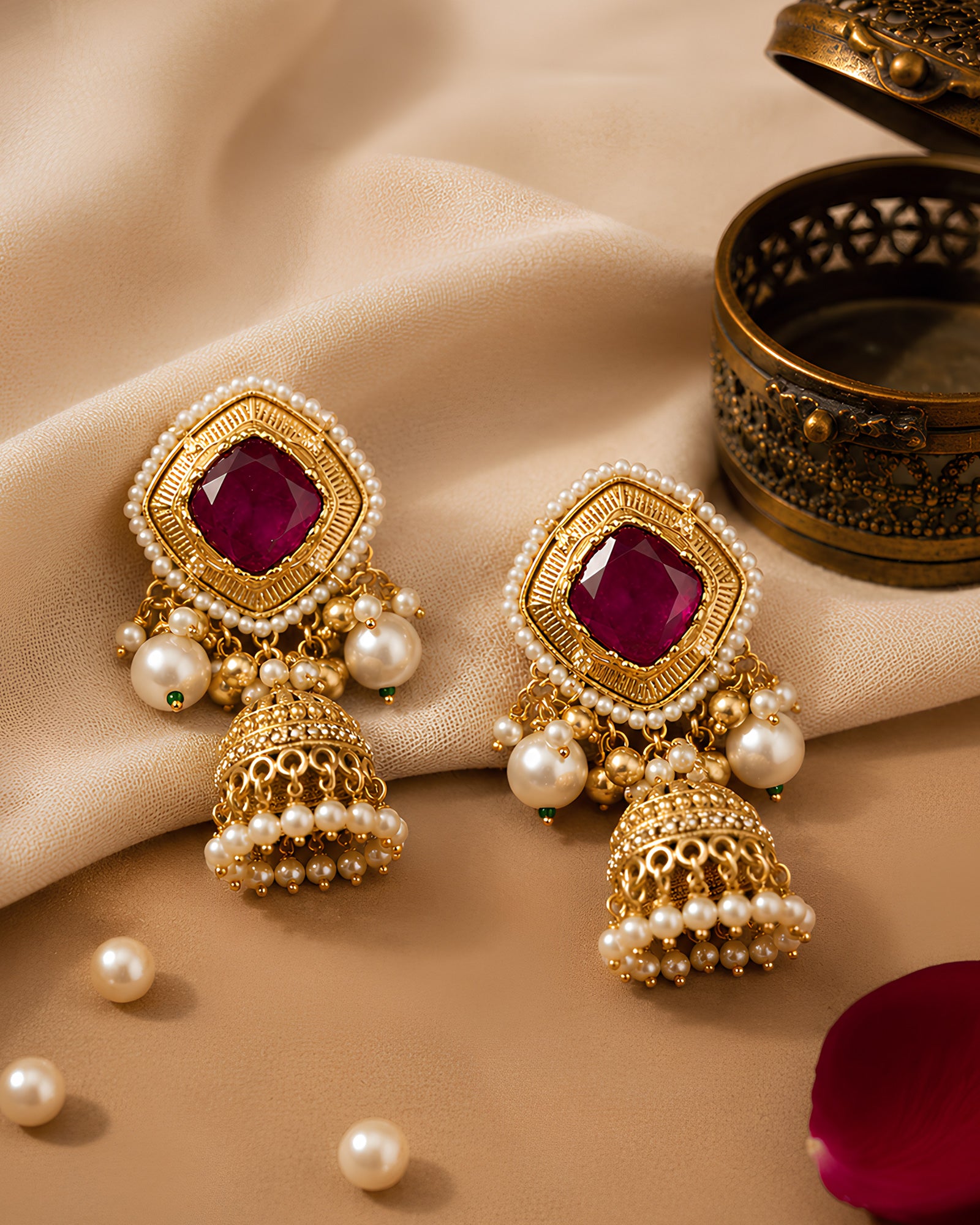 Royal Crimson Gemstone Jhumka Earrings