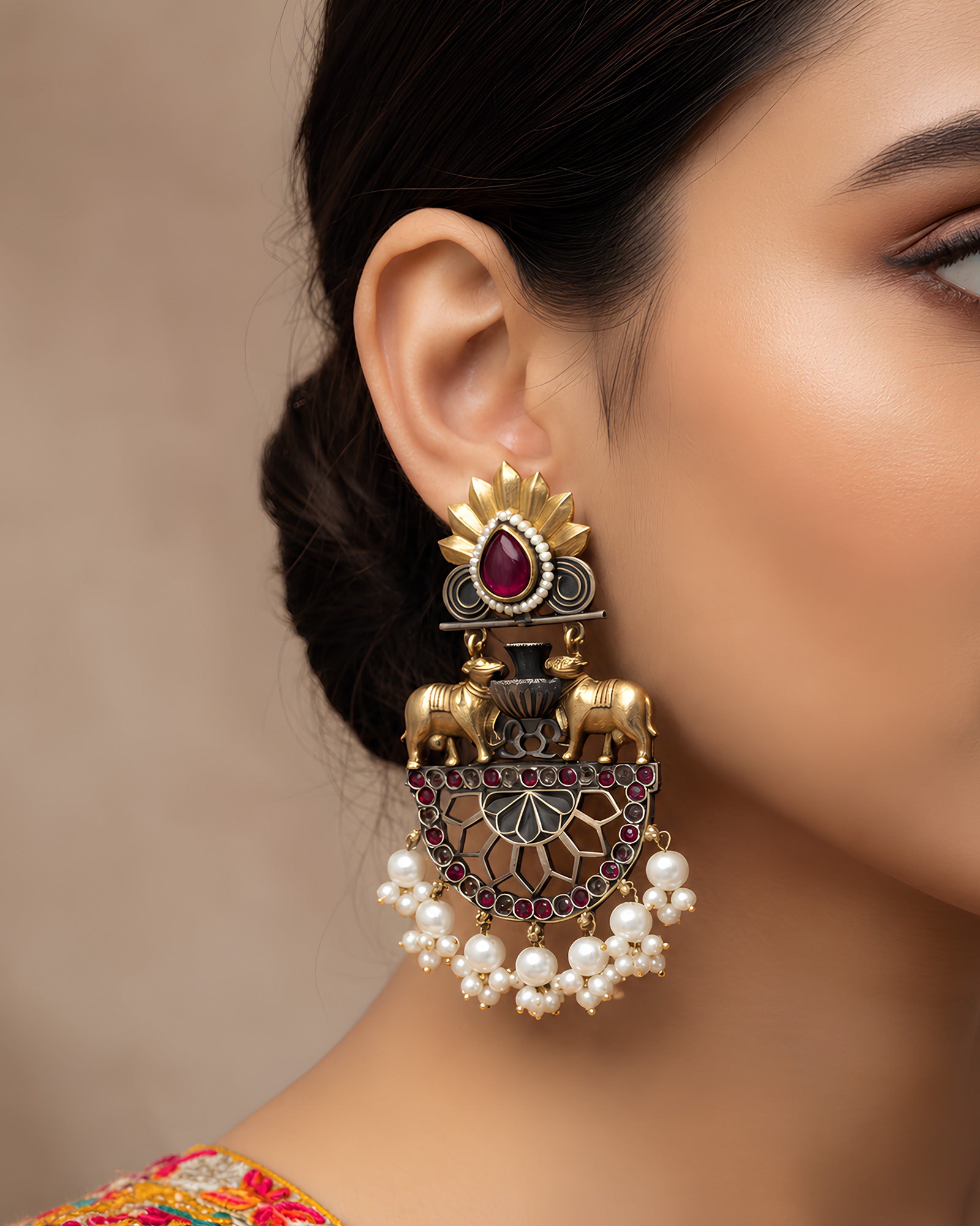 Royal Elephant Motif & Pearl Jhumka Drop Earrings