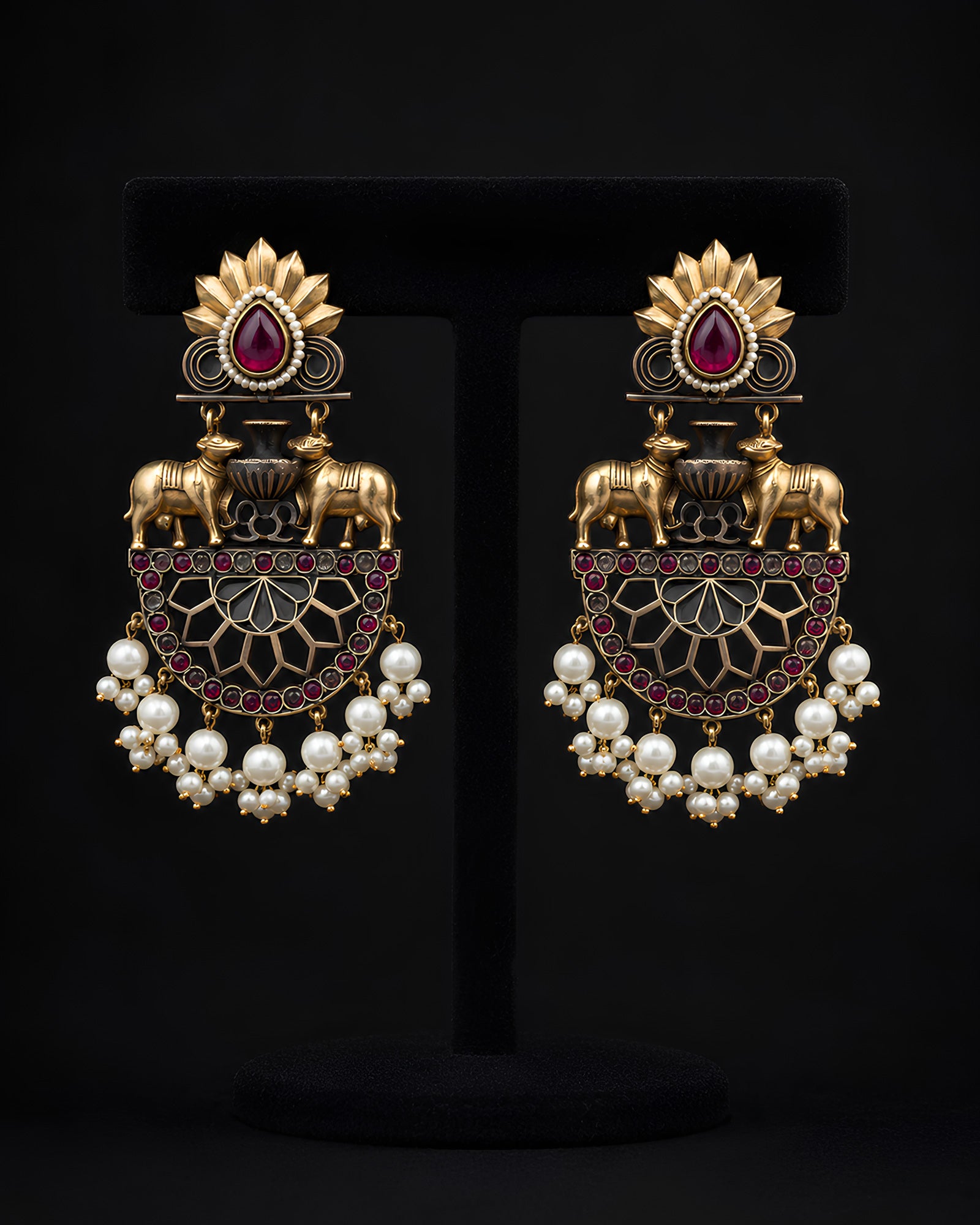Royal Elephant Motif & Pearl Jhumka Drop Earrings