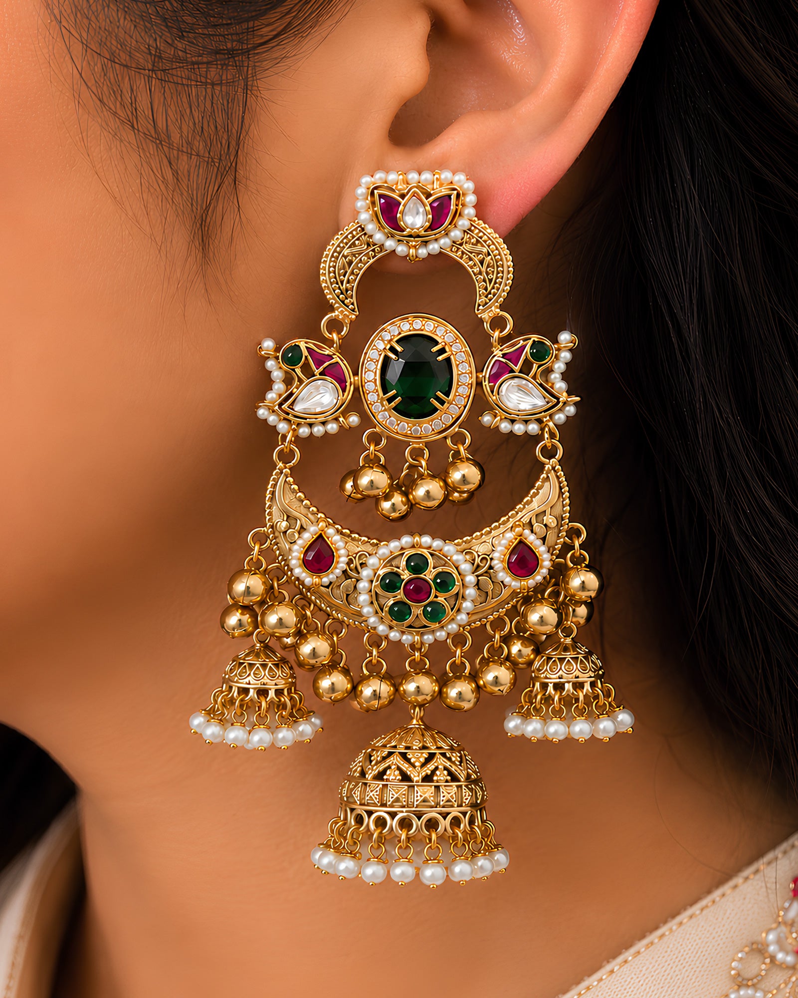 Royal Emerald & Ruby Multi-Tier Jhumki Earrings