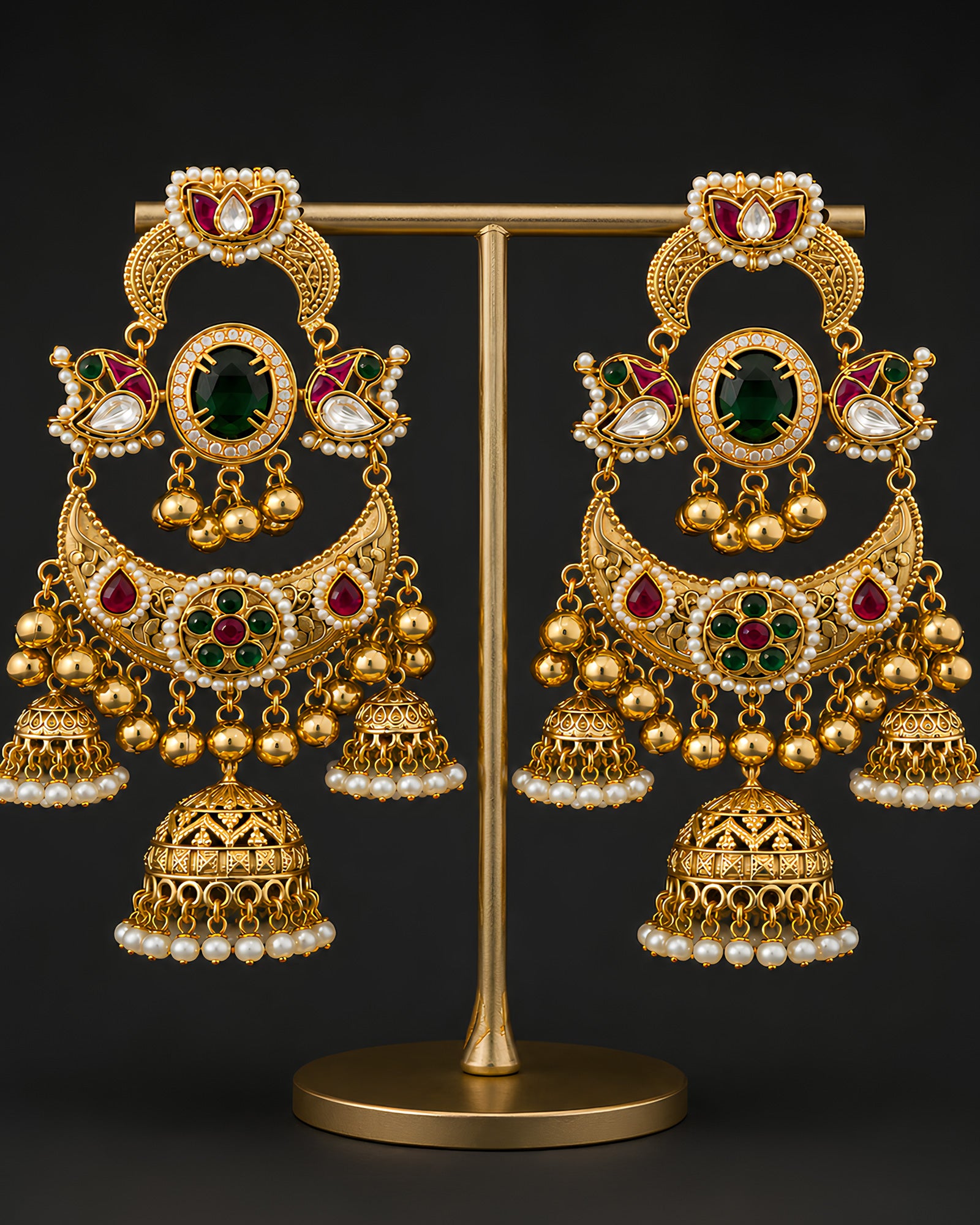 Royal Emerald & Ruby Multi-Tier Jhumki Earrings