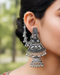 Royal Etchings Trapezoid Oxidized Jhumkas with Ear Chain