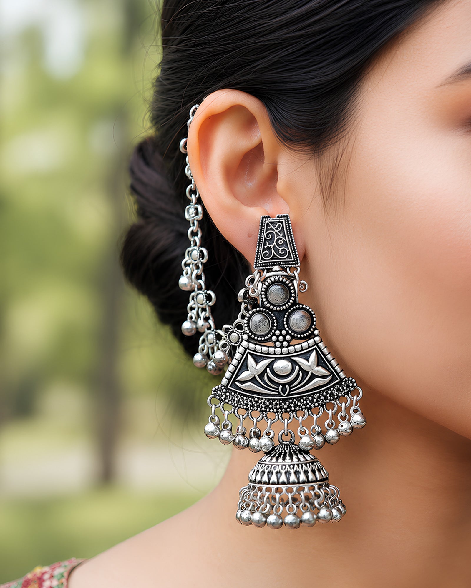 Royal Etchings Trapezoid Oxidized Jhumkas with Ear Chain