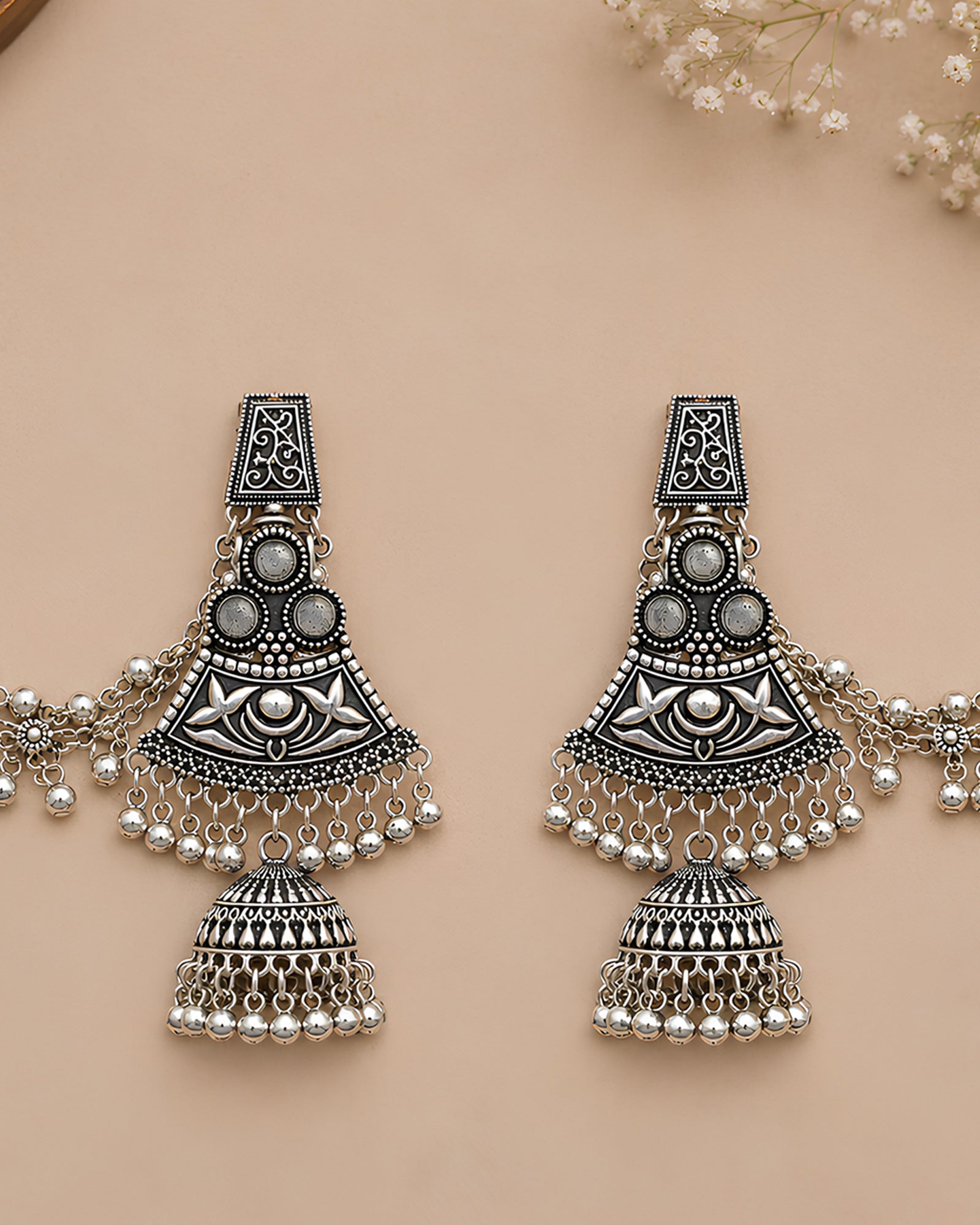 Royal Etchings Trapezoid Oxidized Jhumkas with Ear Chain