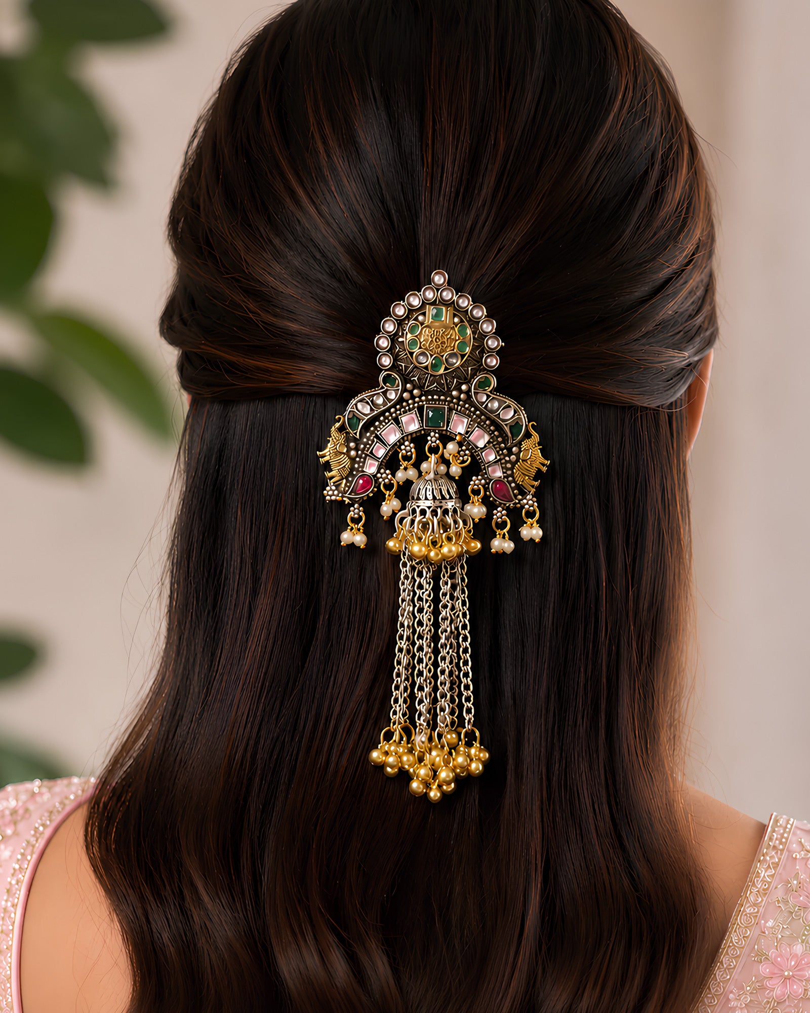 Royal Kundan & Elephant Motif Hair Brooch