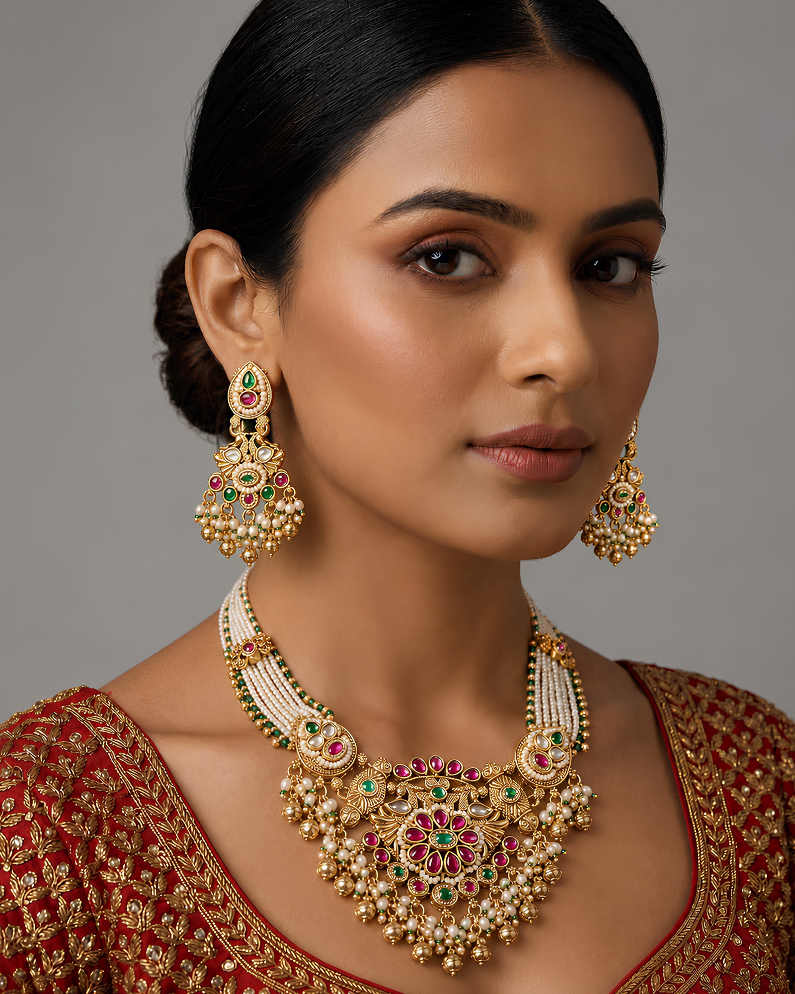 Royal Ruby & Emerald Pearl Layered Necklace Set