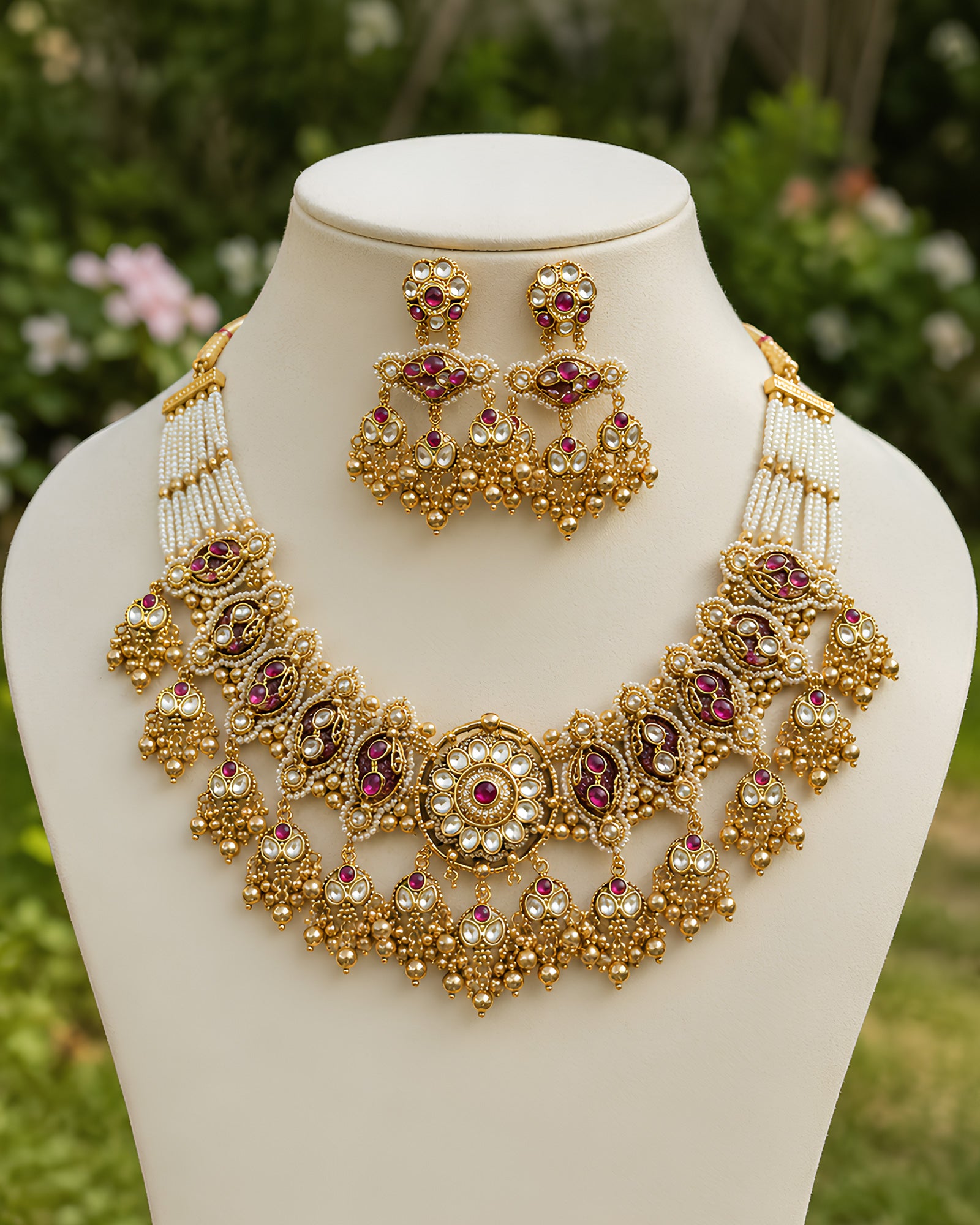 Royal Ruby & Pearl Gold-Tone Necklace Set