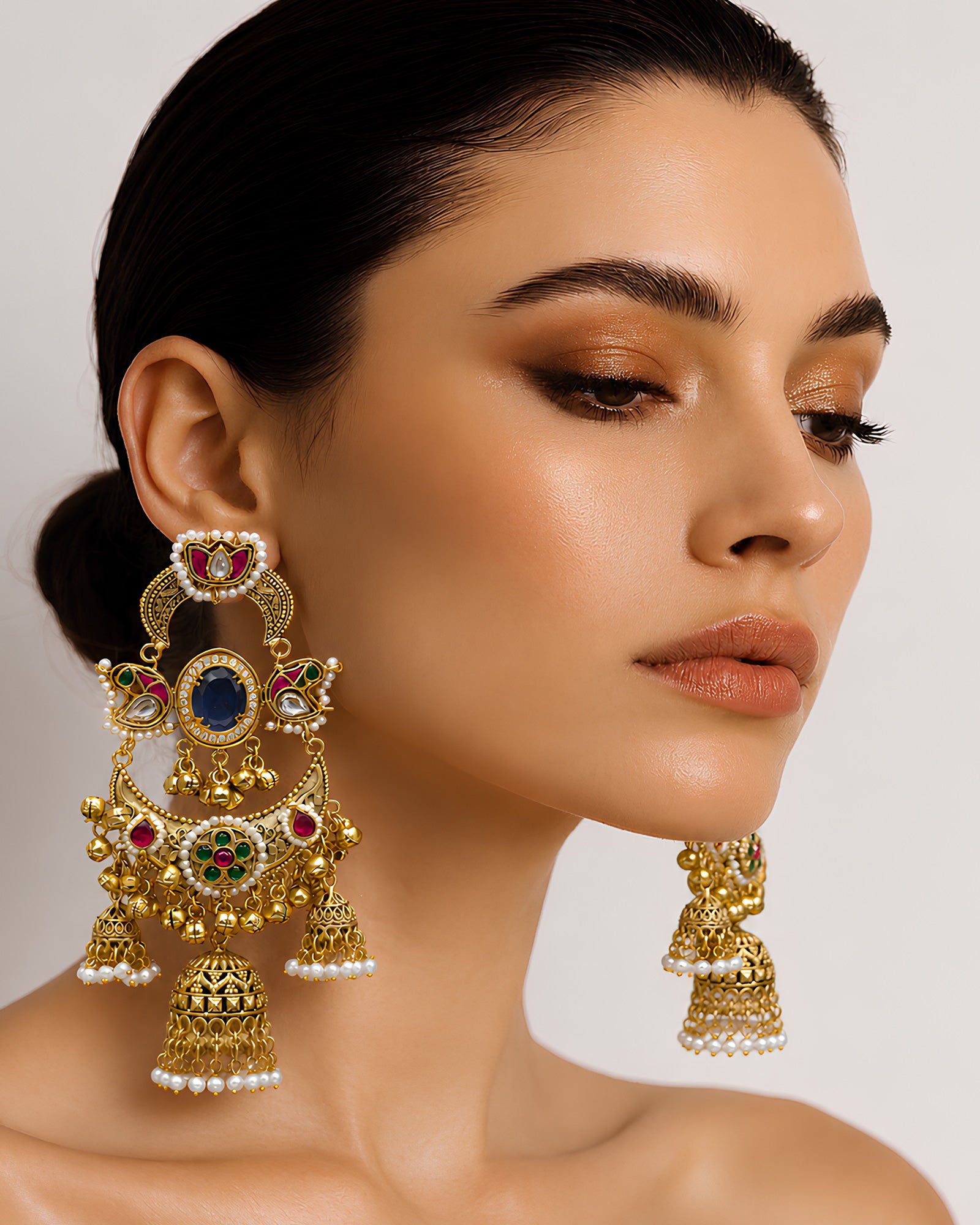 Royal Sapphire & Ruby Tiered Jhumka Earrings
