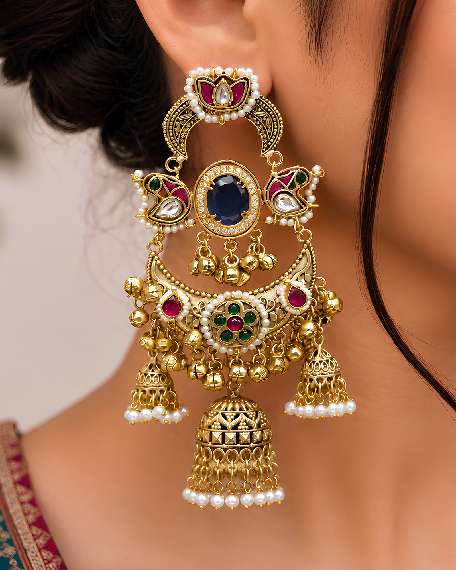 Royal Sapphire & Ruby Tiered Jhumka Earrings