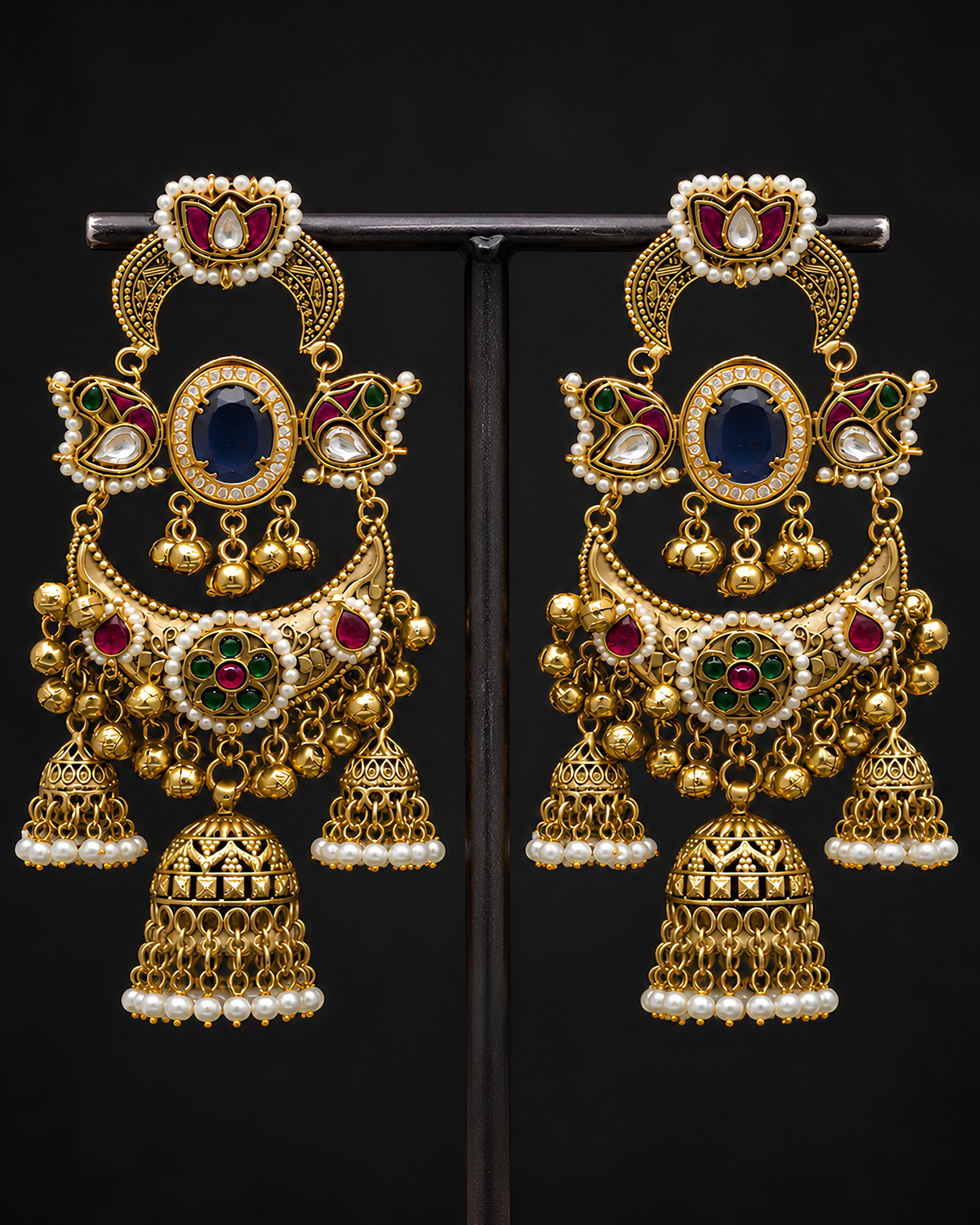 Royal Sapphire & Ruby Tiered Jhumka Earrings