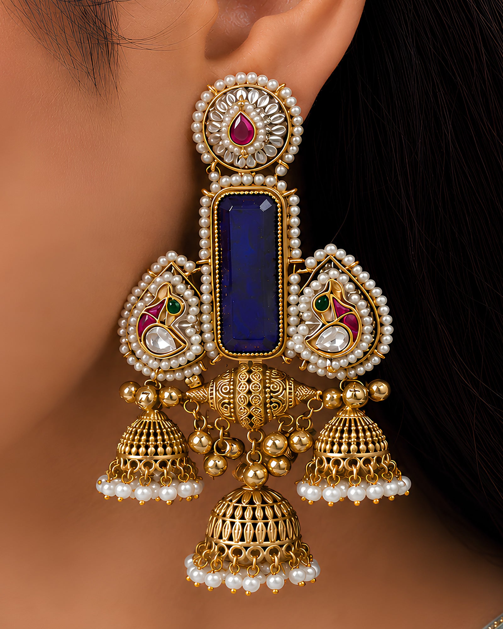 Royal Sapphire Tiered Jhumka Earrings
