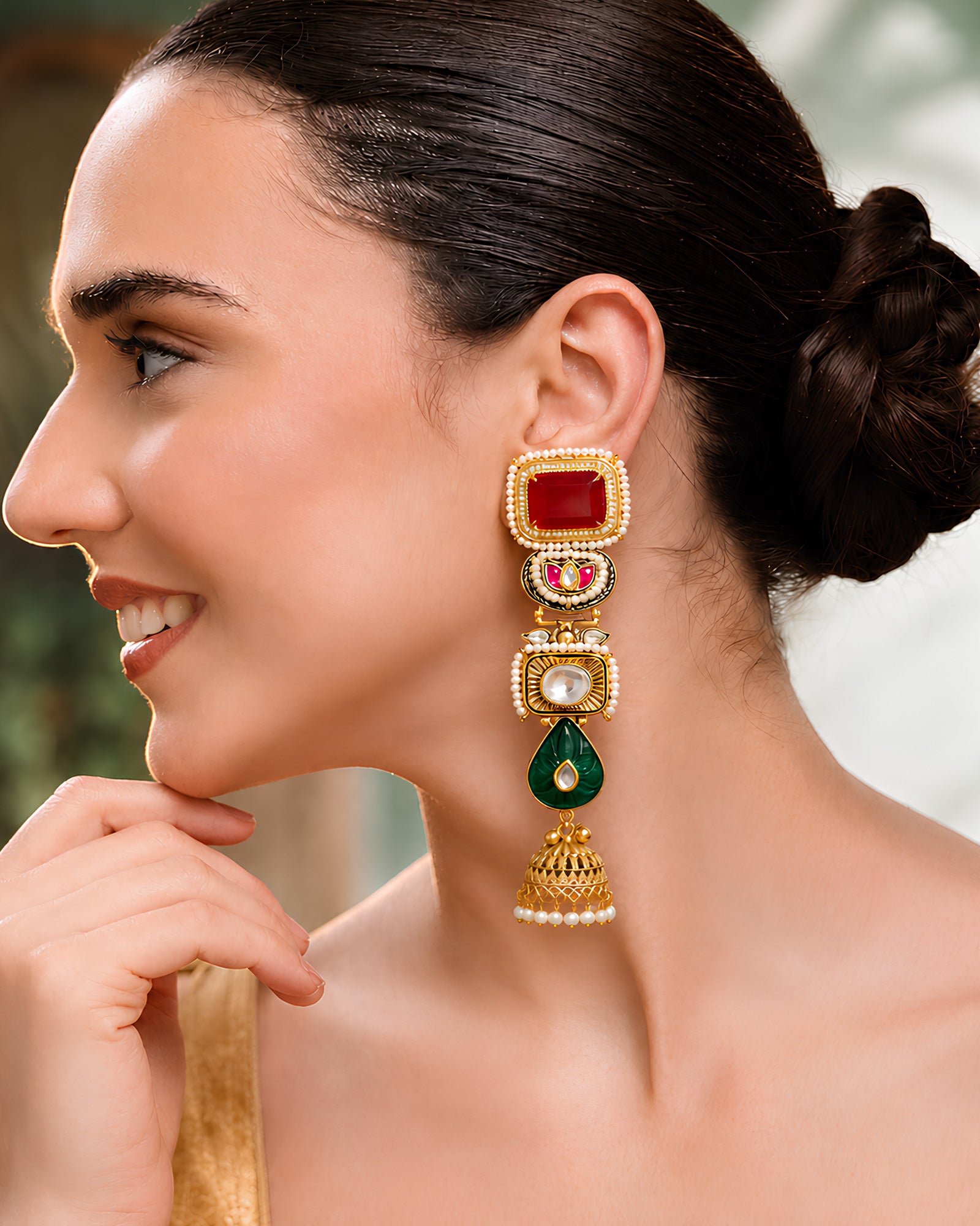 Ruby & Emerald Geometric Tiered Jhumka Earrings