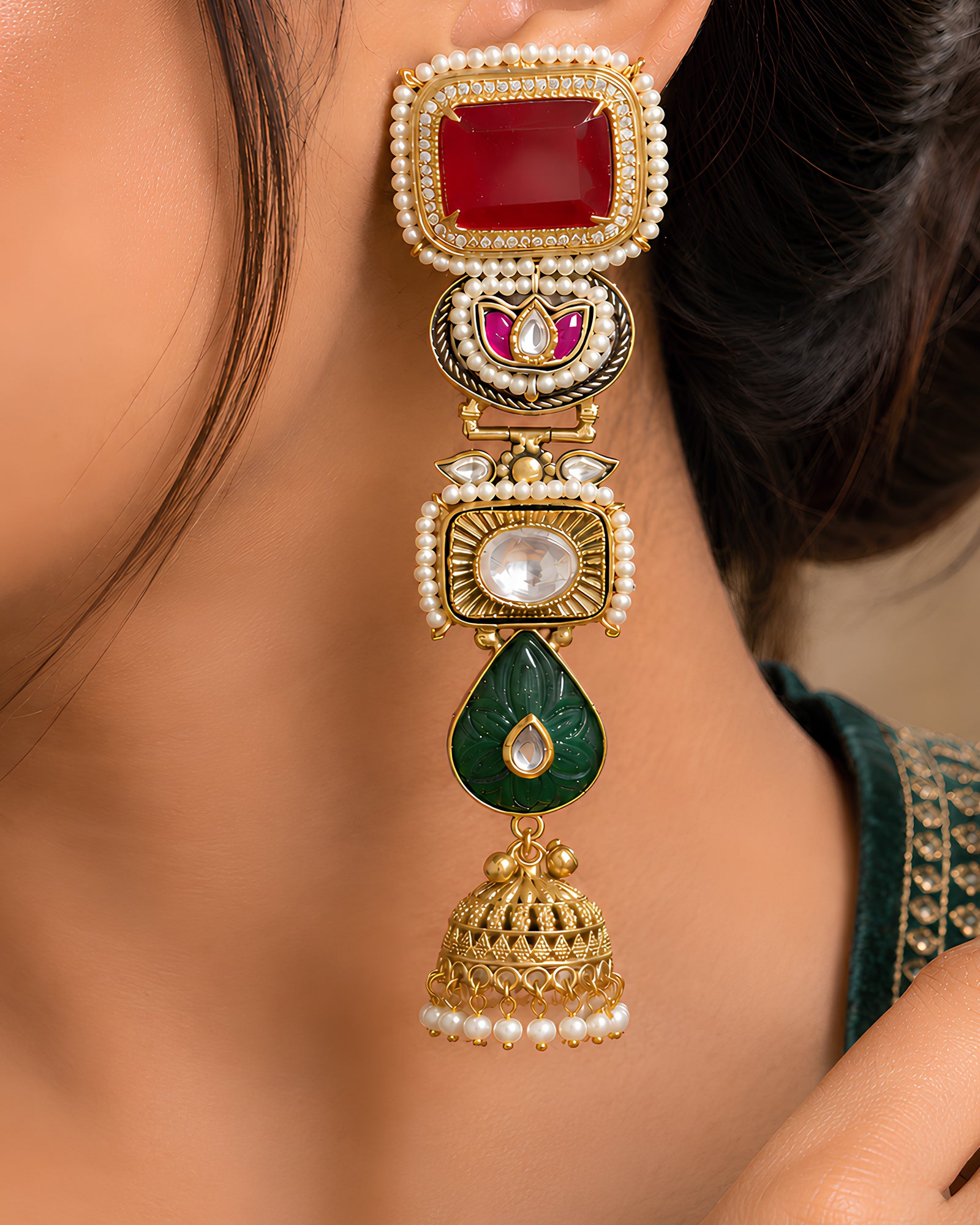 Ruby & Emerald Geometric Tiered Jhumka Earrings