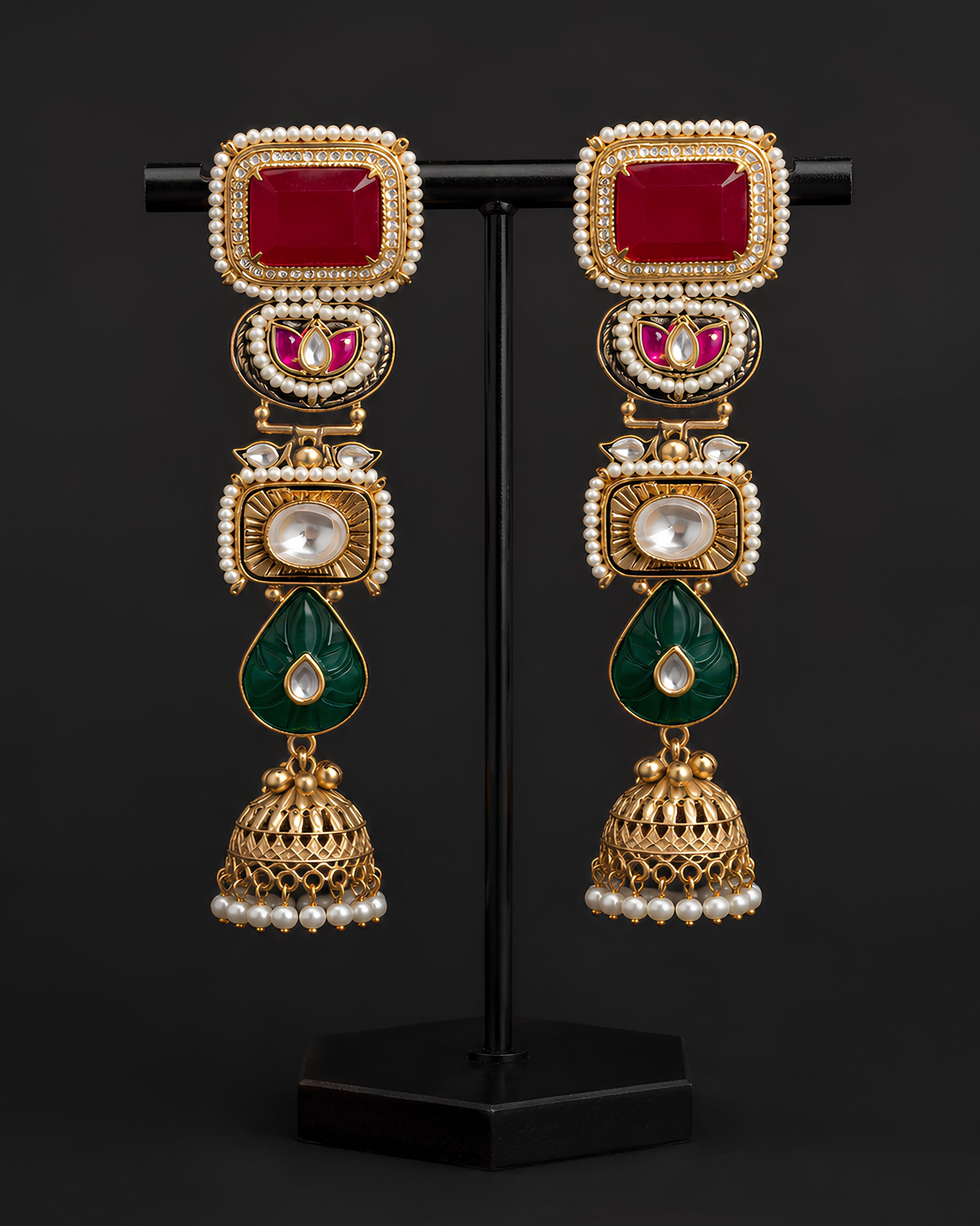 Ruby & Emerald Geometric Tiered Jhumka Earrings