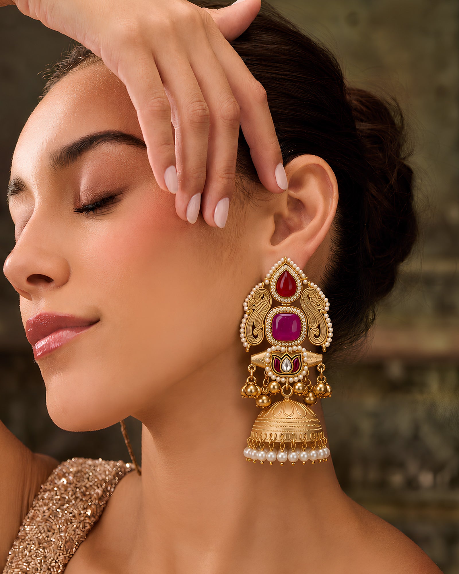Ruby & Magenta Stone Jhumka Earrings