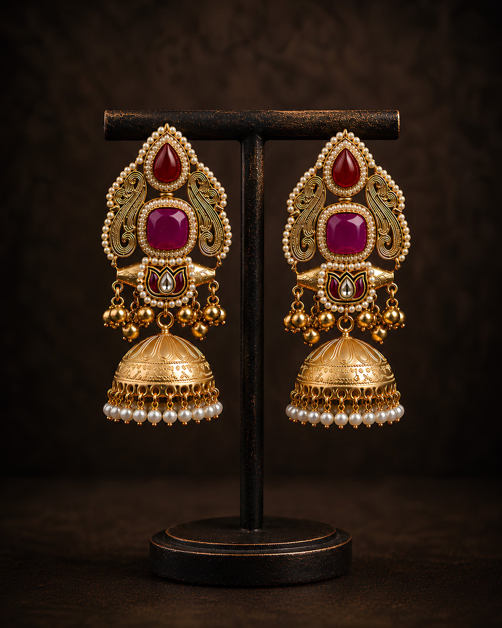 Ruby & Magenta Stone Jhumka Earrings