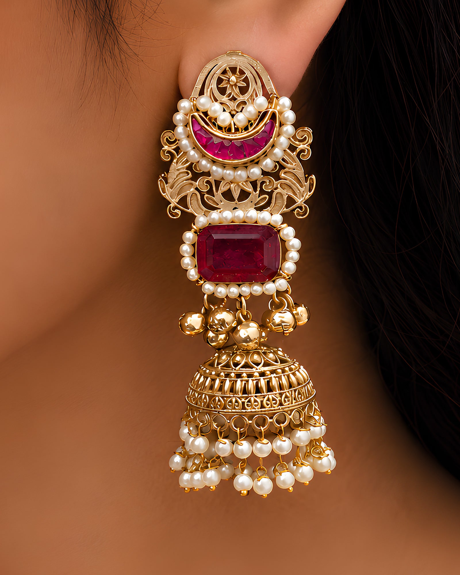 Ruby Crescent & Pearl-Beaded Jhumka Earrings