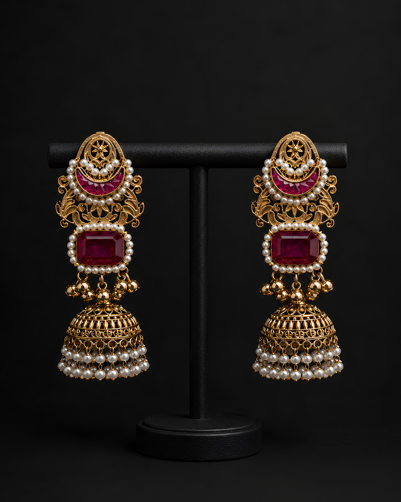 Ruby Crescent & Pearl-Beaded Jhumka Earrings