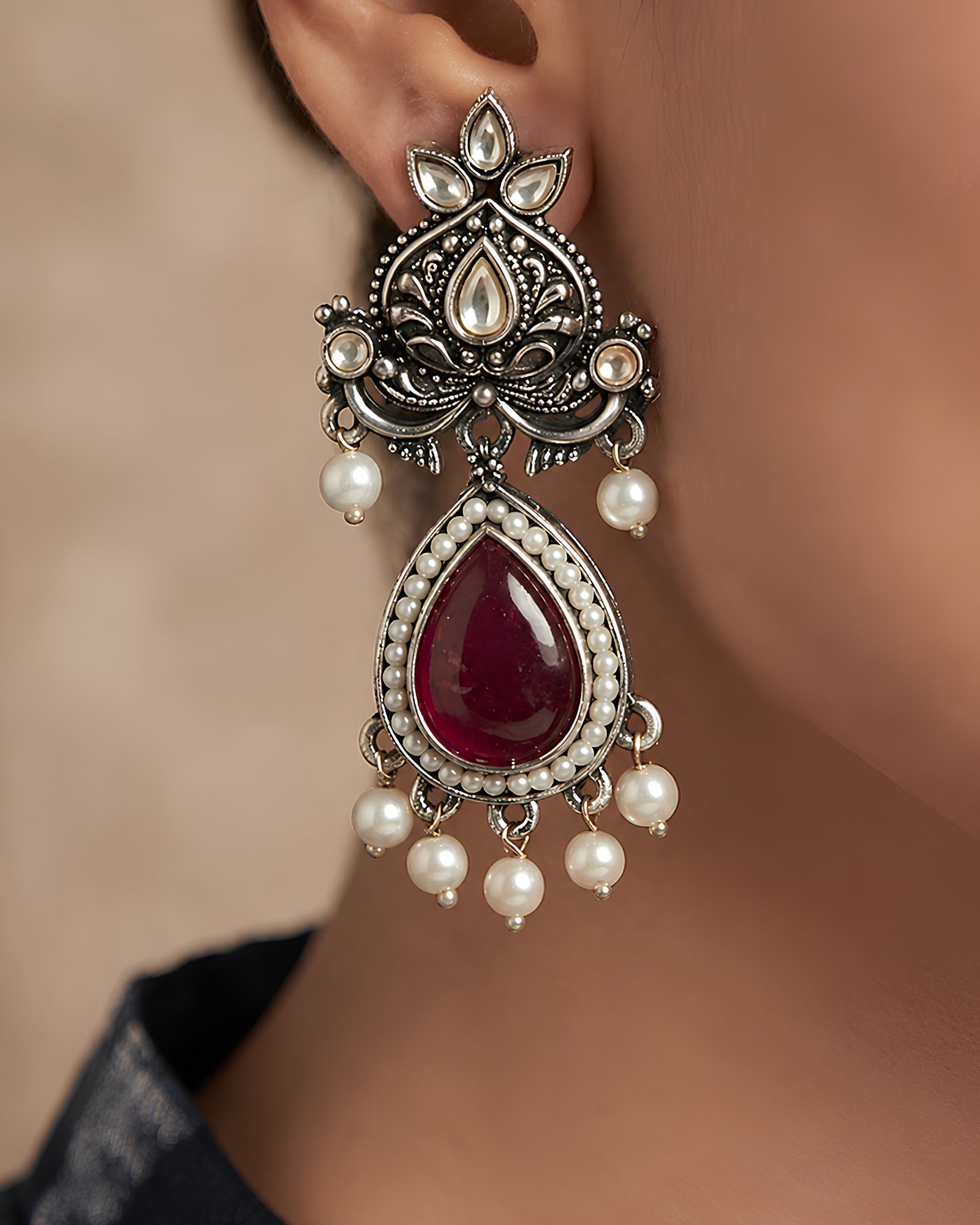 Ruby Drop & Pearl-Beaded Oxidized Earrings