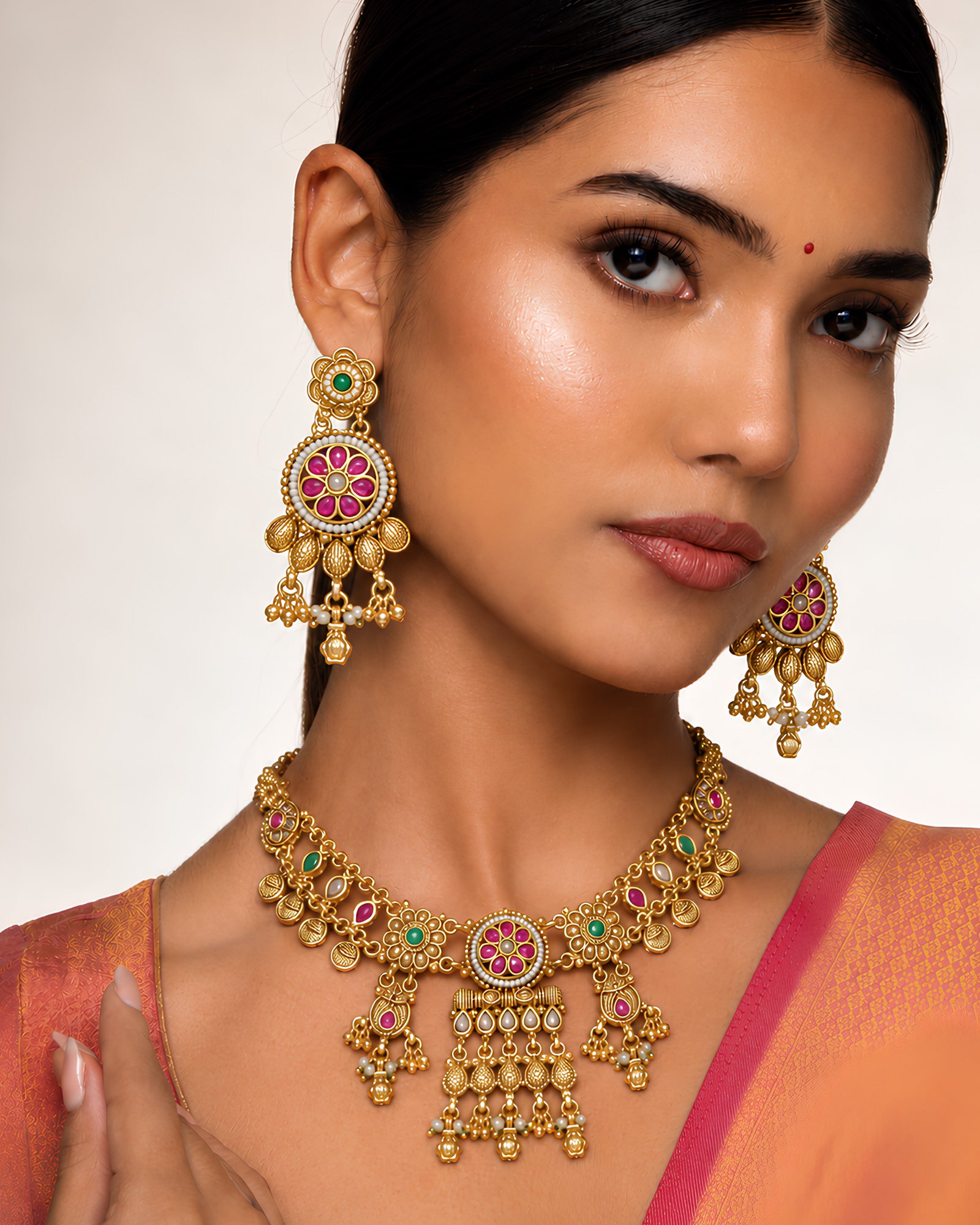 Ruby-Emerald Floral Choker & Earrings Set