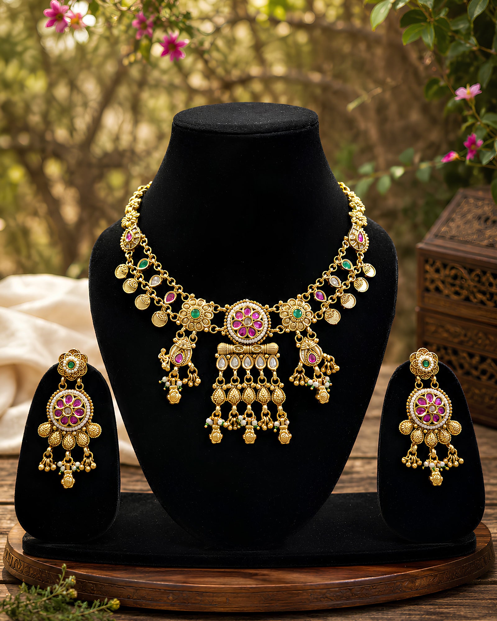 Ruby-Emerald Floral Choker & Earrings Set