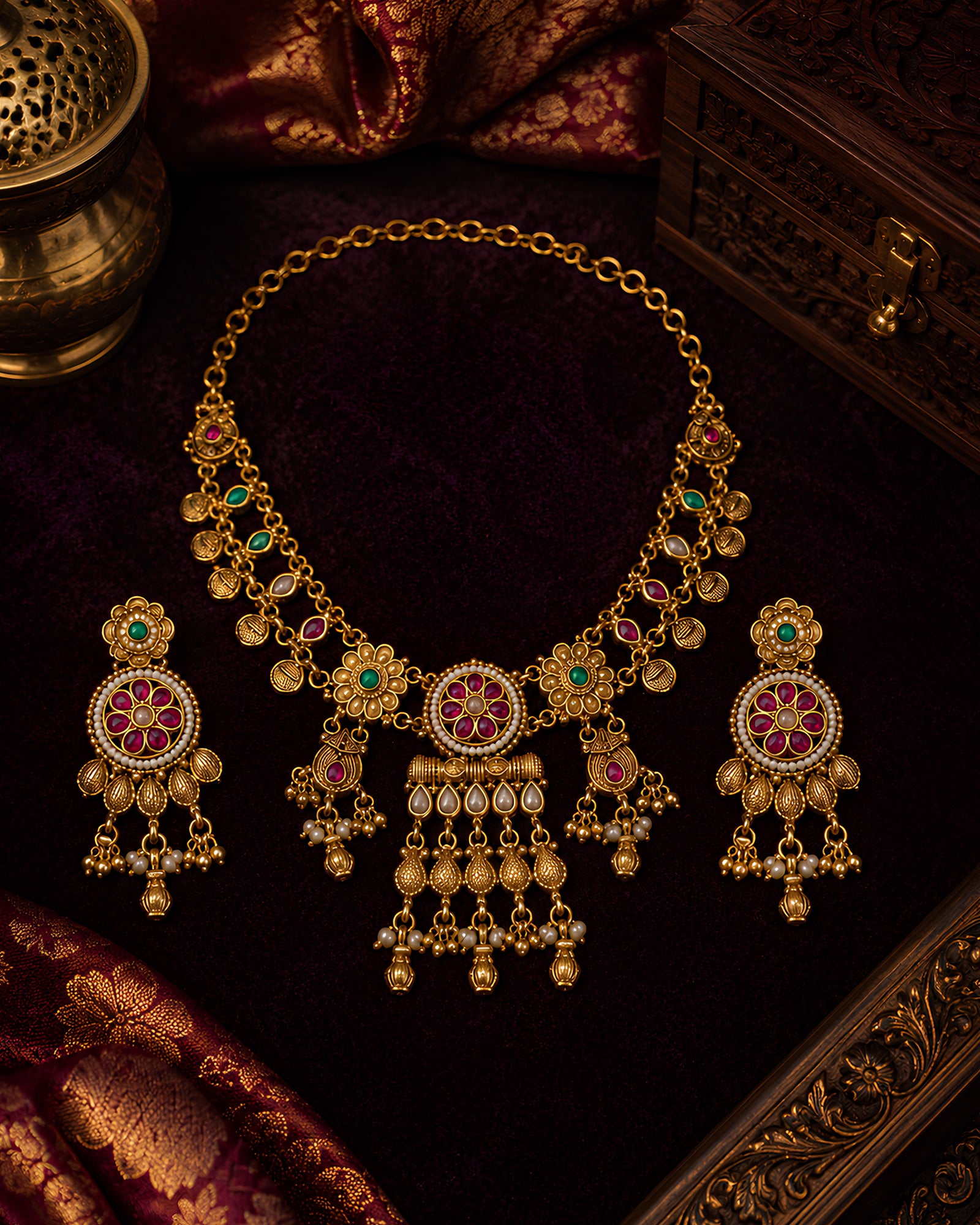 Ruby-Emerald Floral Choker & Earrings Set