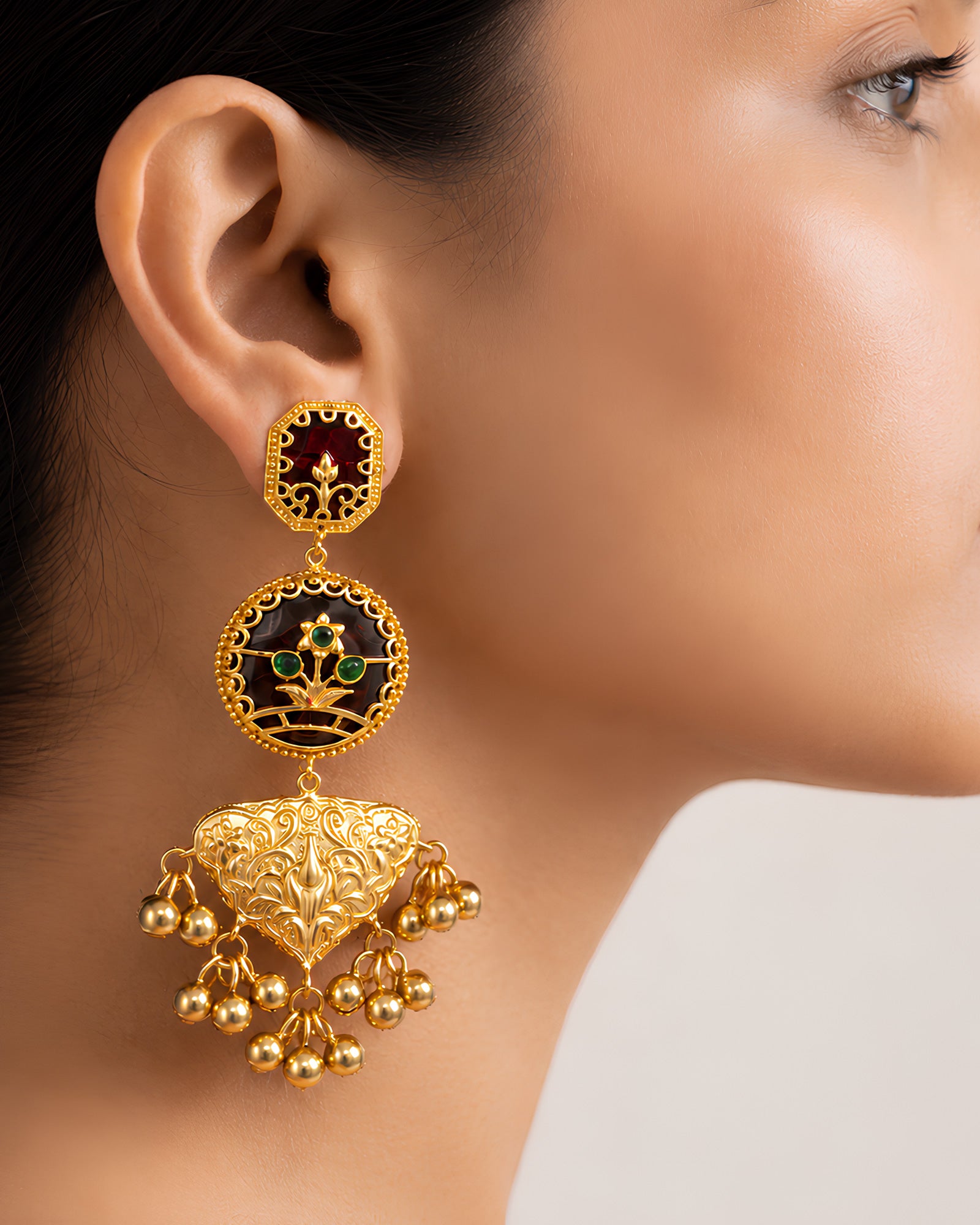 Ruby Enamel Medallion & Beaded Drop Earrings