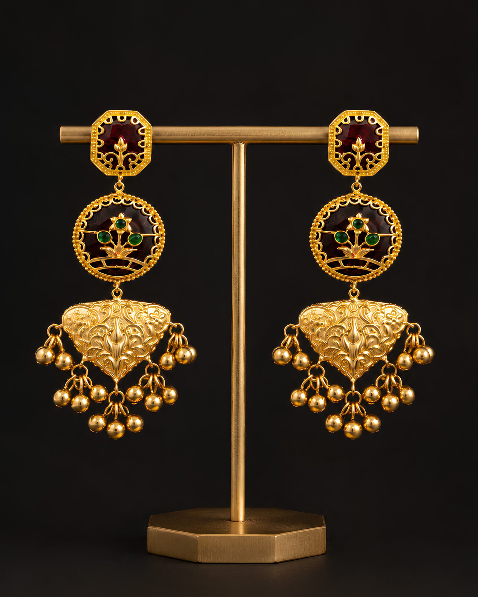 Ruby Enamel Medallion & Beaded Drop Earrings