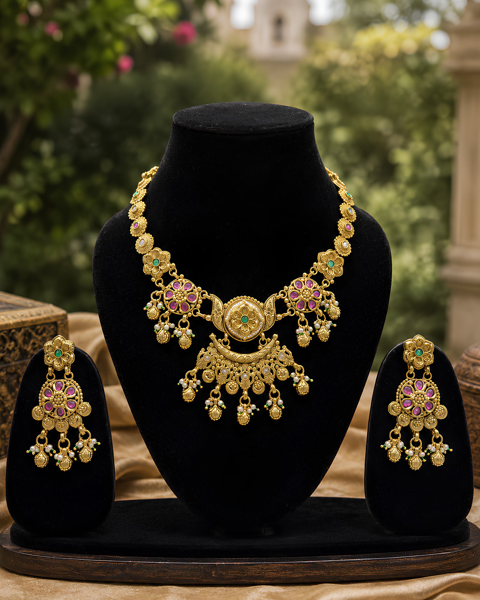 Ruby Floral & Crescent Pendant Necklace Set