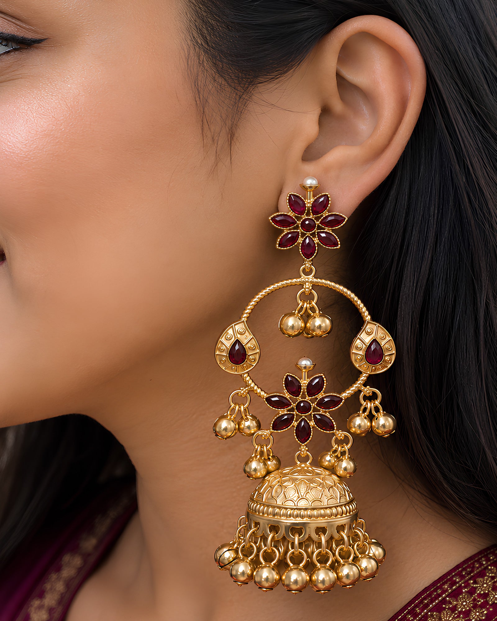 Ruby Floral Hoop & Jhumka Statement Earrings