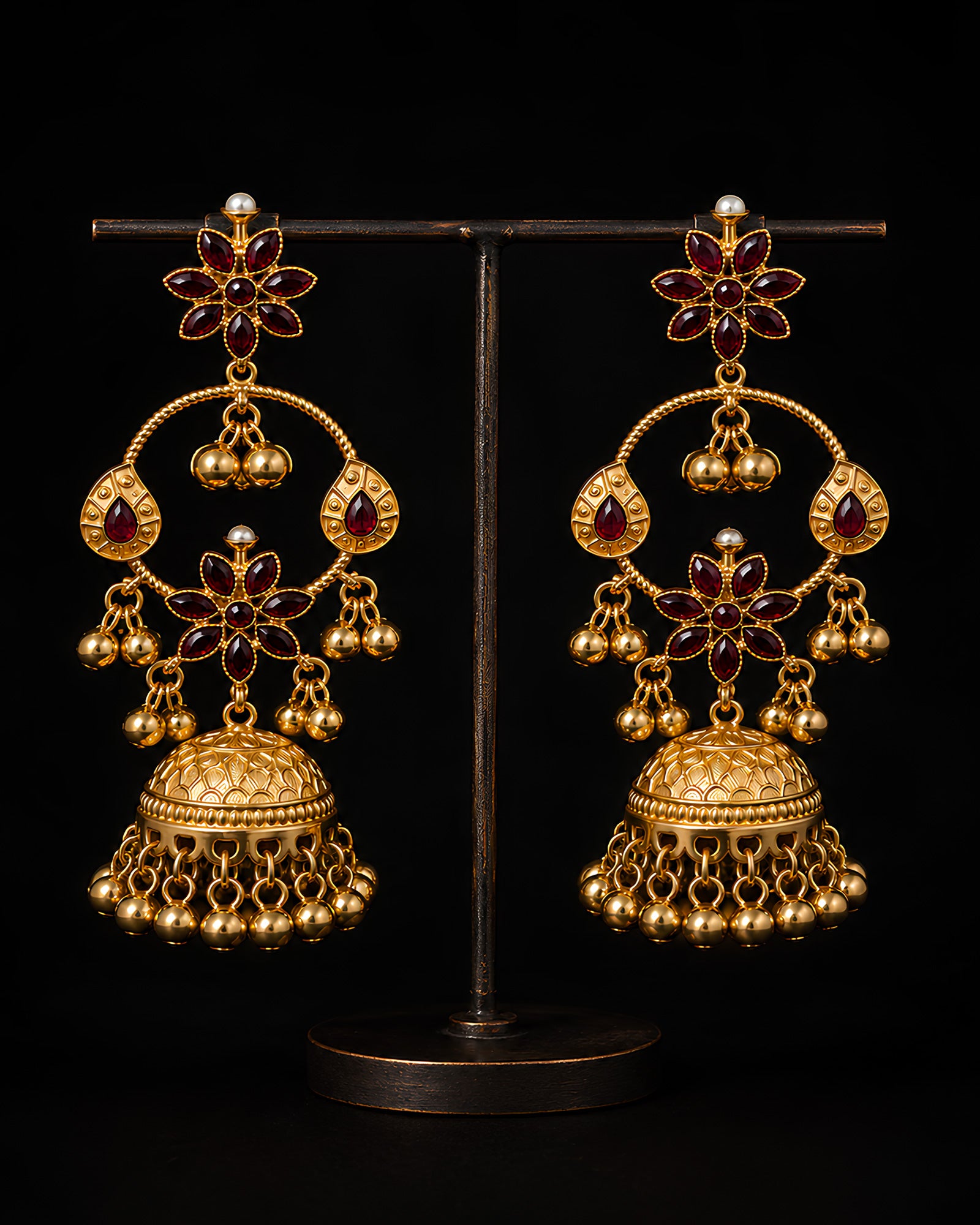 Ruby Floral Hoop & Jhumka Statement Earrings