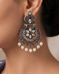 Ruby Floral Medallion & Pearl-Drop Oxidized Earrings