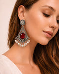 Ruby Geometric Shield & Pearl Drop Oxidized Earrings