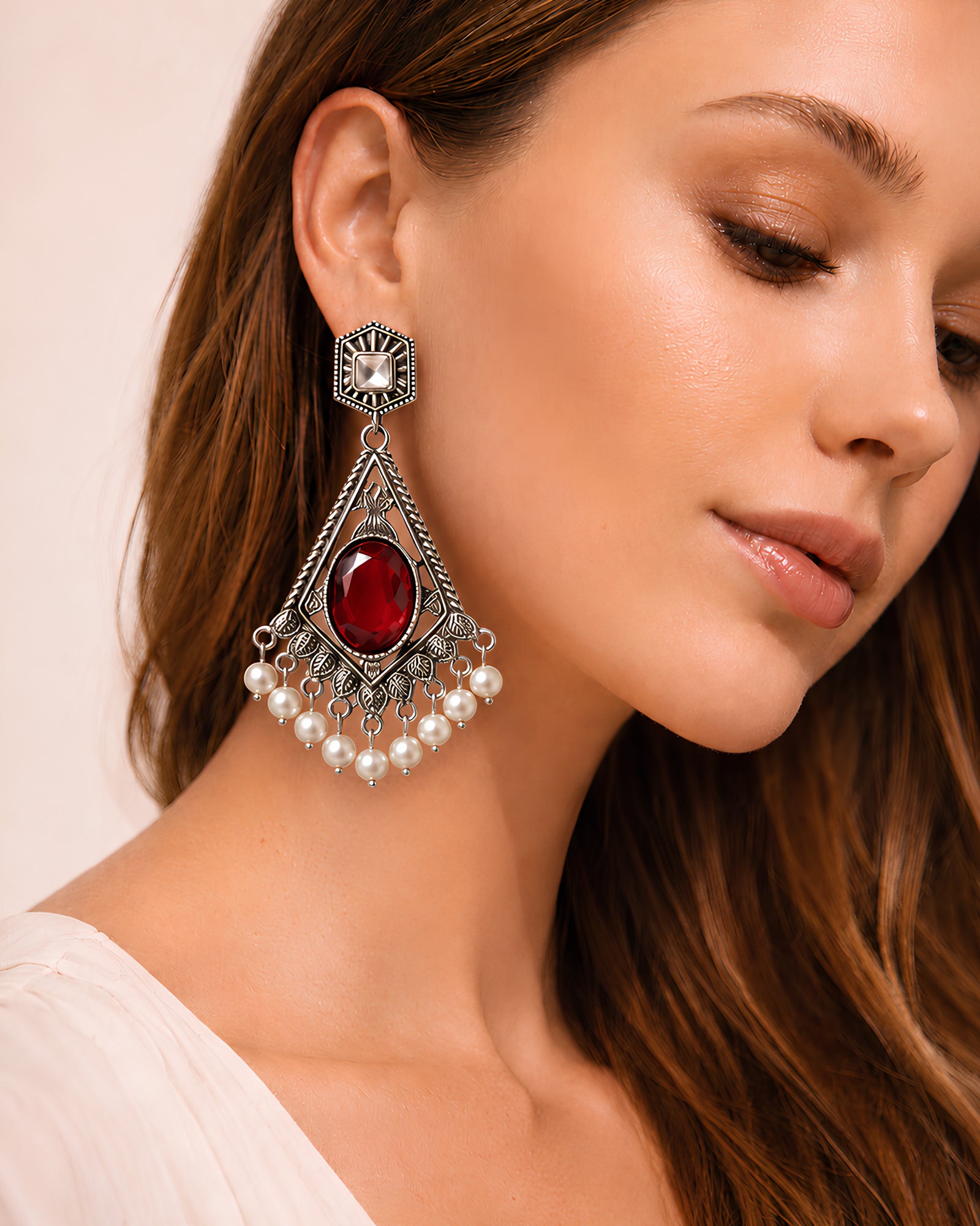 Ruby Geometric Shield & Pearl Drop Oxidized Earrings