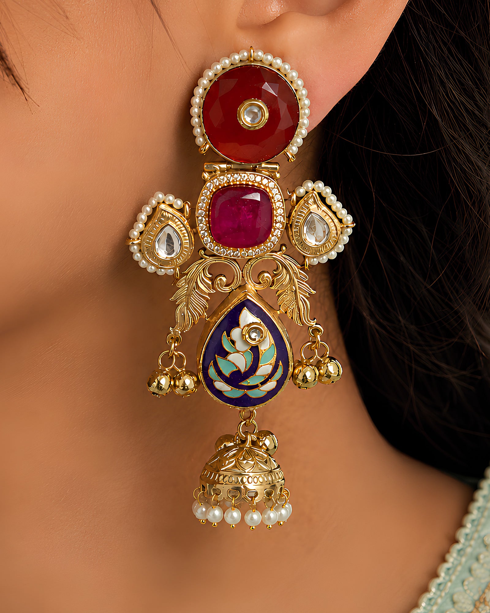 Ruby Kundan & Enamelled Jhumka Earrings