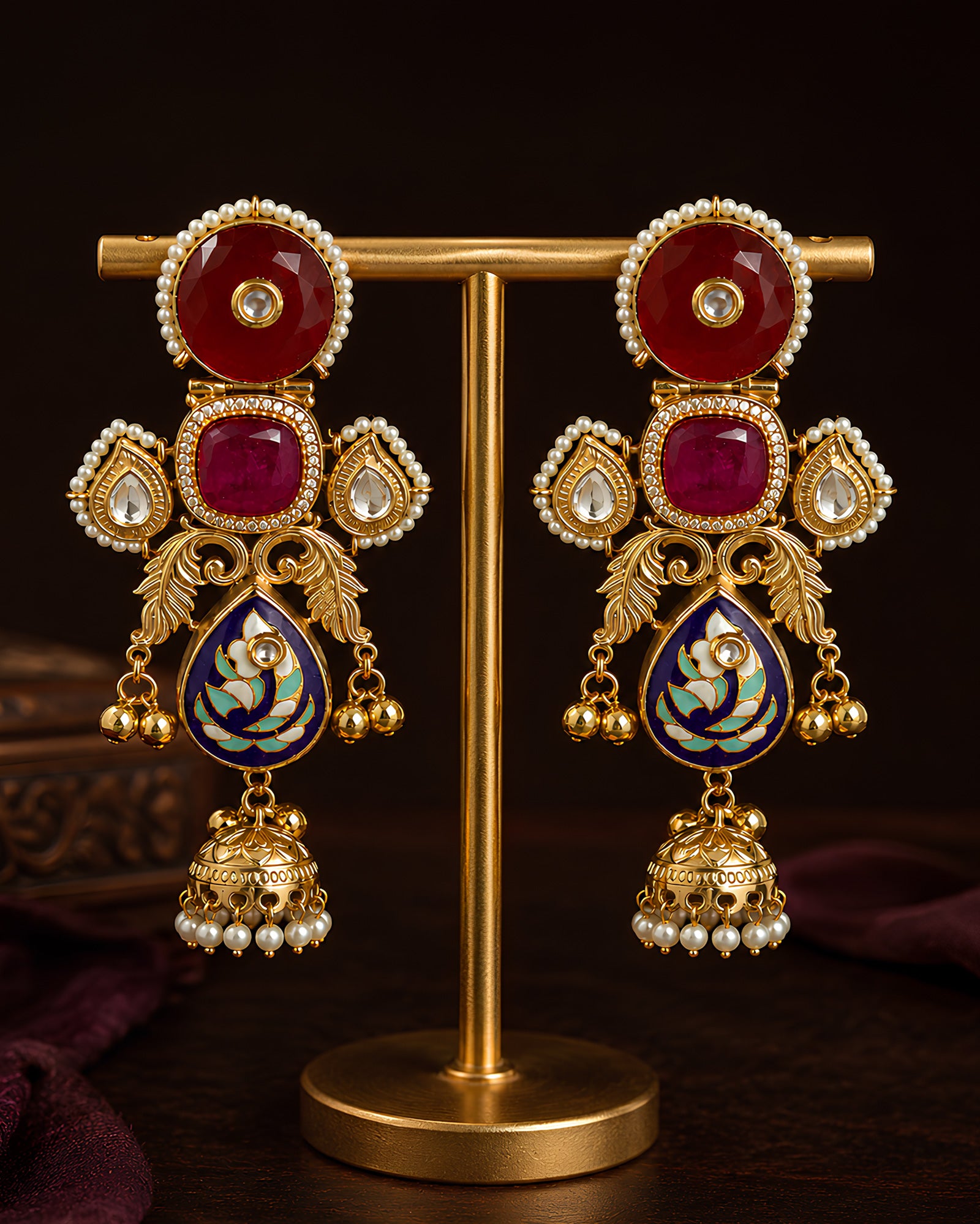 Ruby Kundan & Enamelled Jhumka Earrings