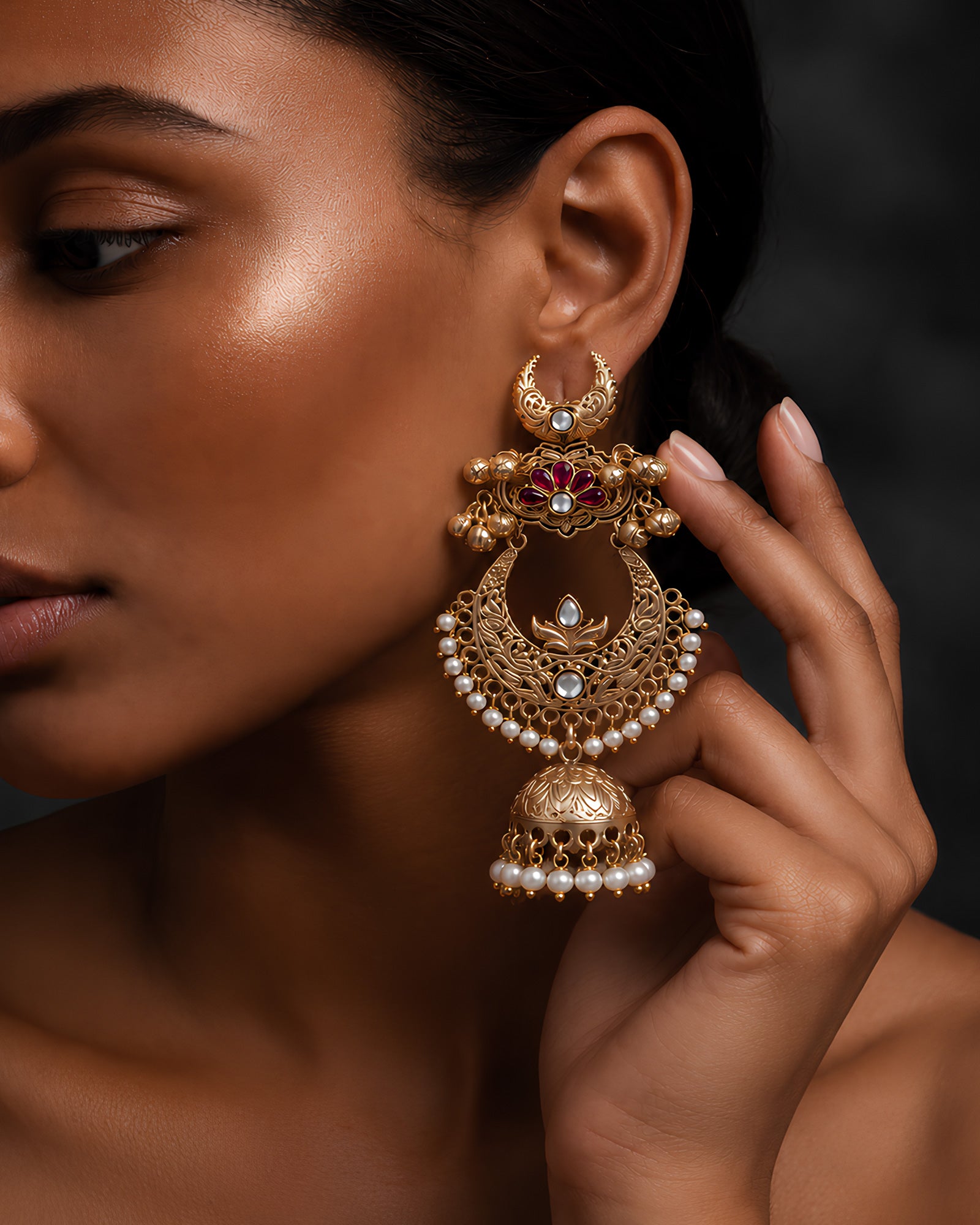 Ruby Kundan Crescent Arch & Pearl Jhumka Earrings