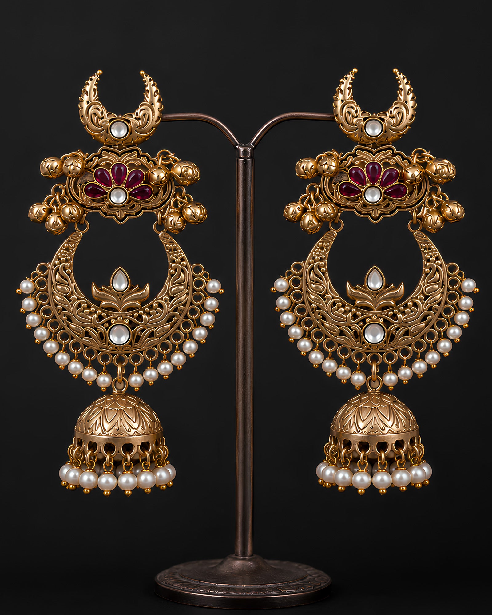 Ruby Kundan Crescent Arch & Pearl Jhumka Earrings