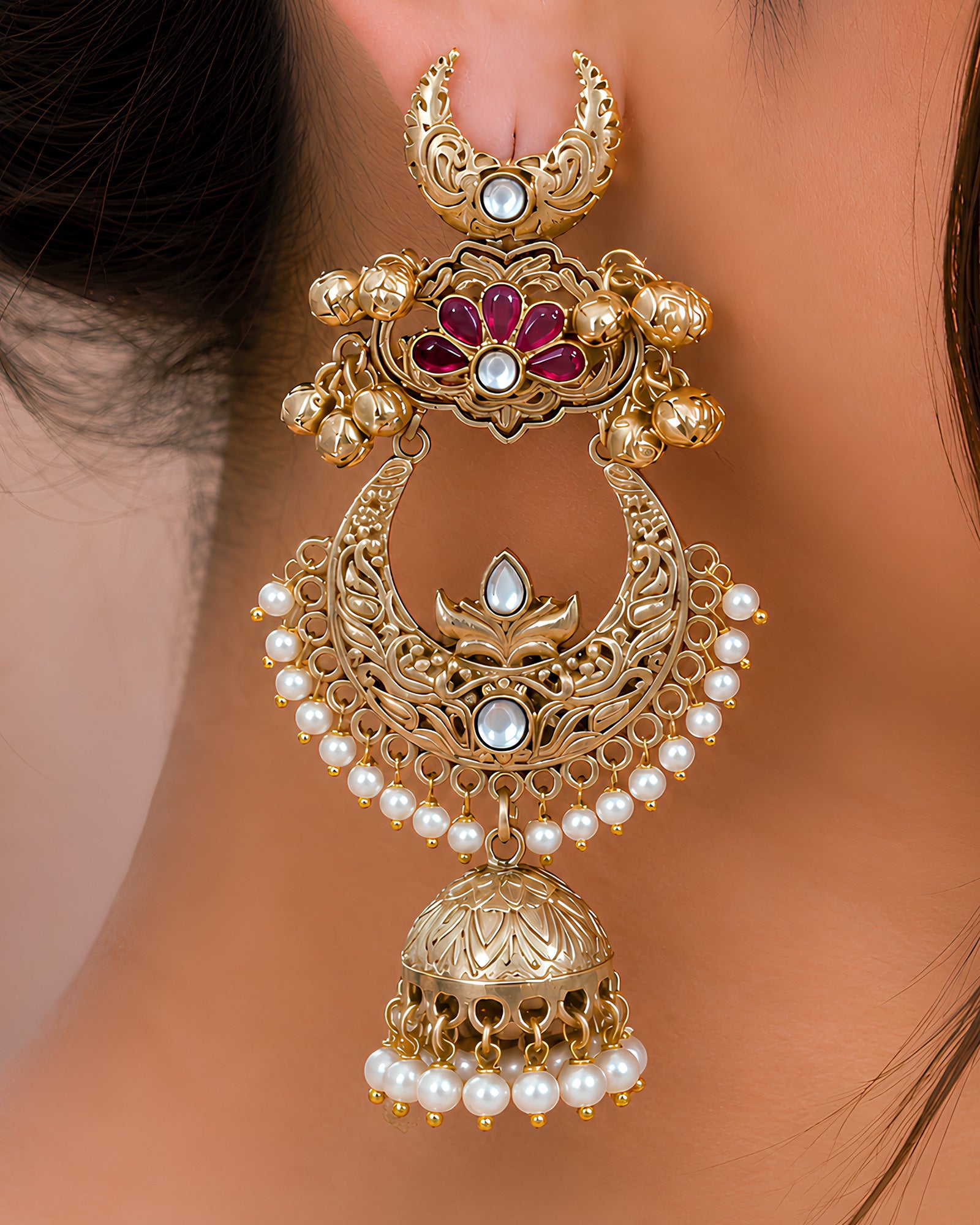 Ruby Kundan Crescent Arch & Pearl Jhumka Earrings