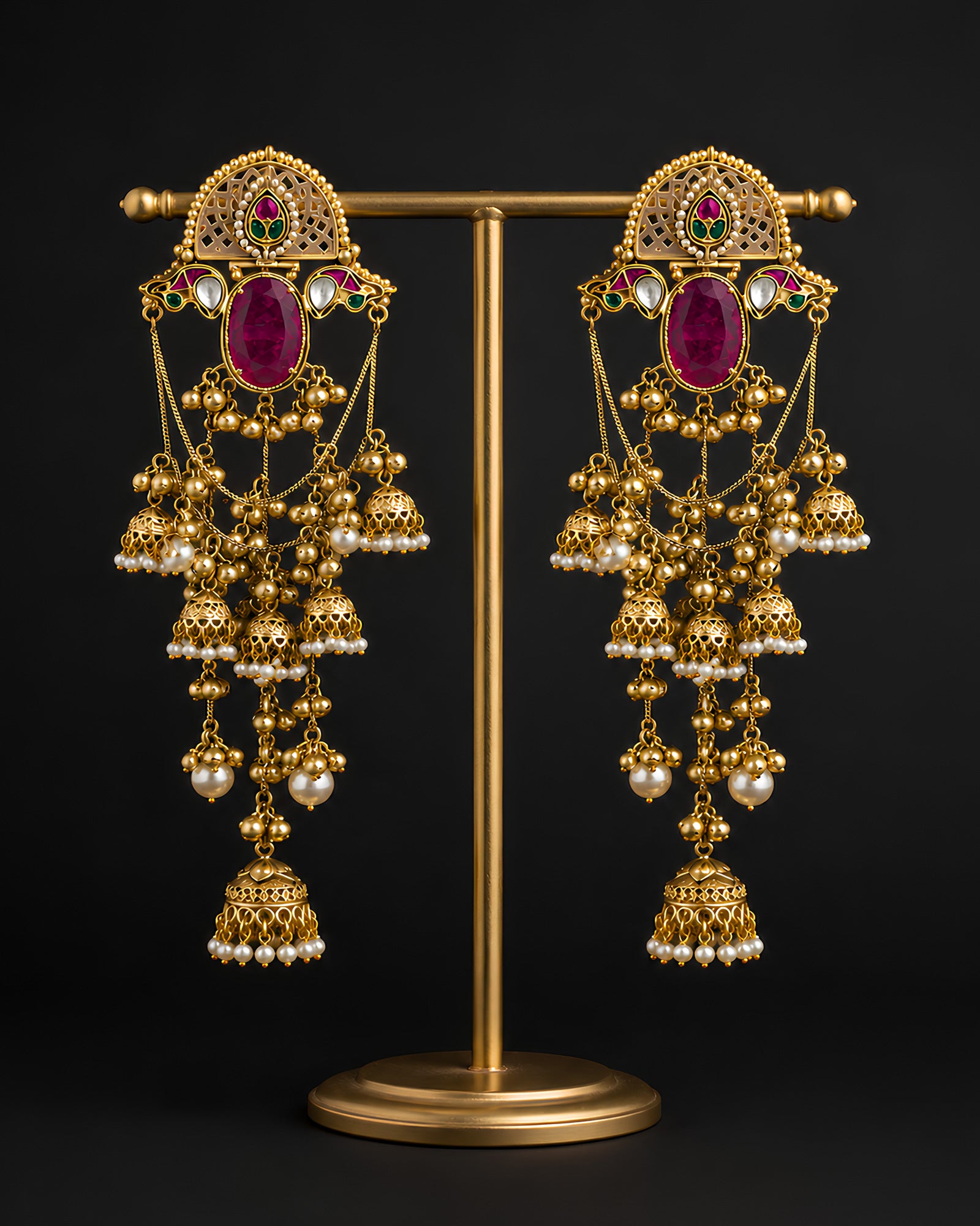 Ruby Oval Medallion & Cascading Jhumka Earrings