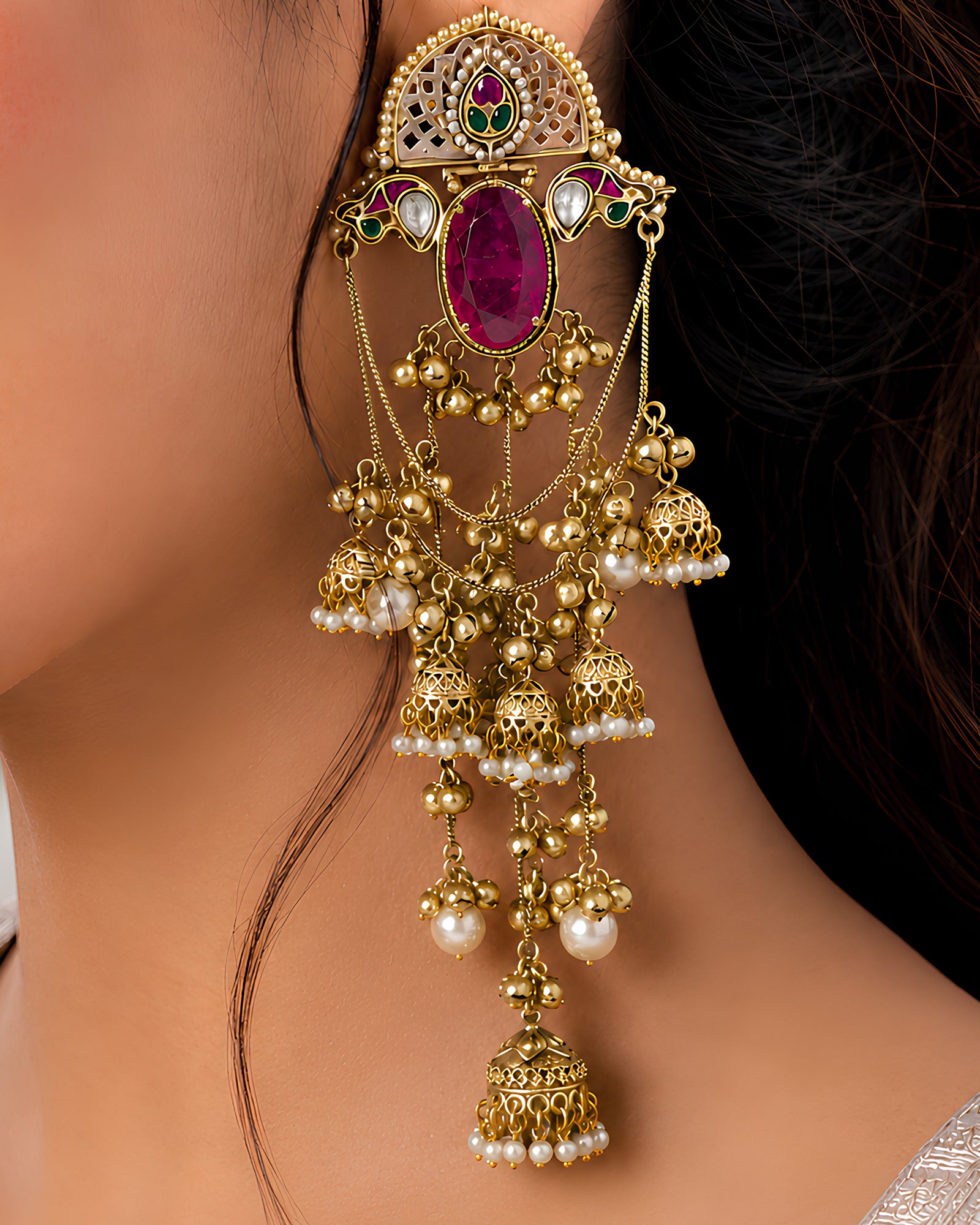 Ruby Oval Medallion & Cascading Jhumka Earrings