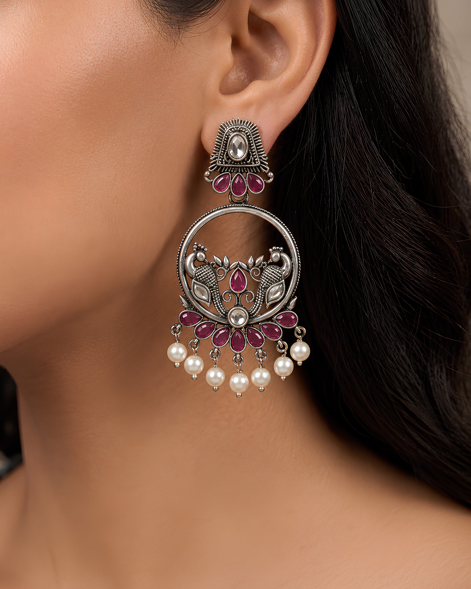 Ruby Peacock & Pearl Drop Oxidized Earrings