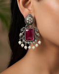 Ruby Rectangle & Pearl-Drop Oxidized Earrings