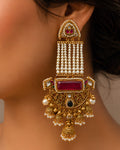 Ruby Rectangular Stone & Pearl-Strand Jhumka Earrings