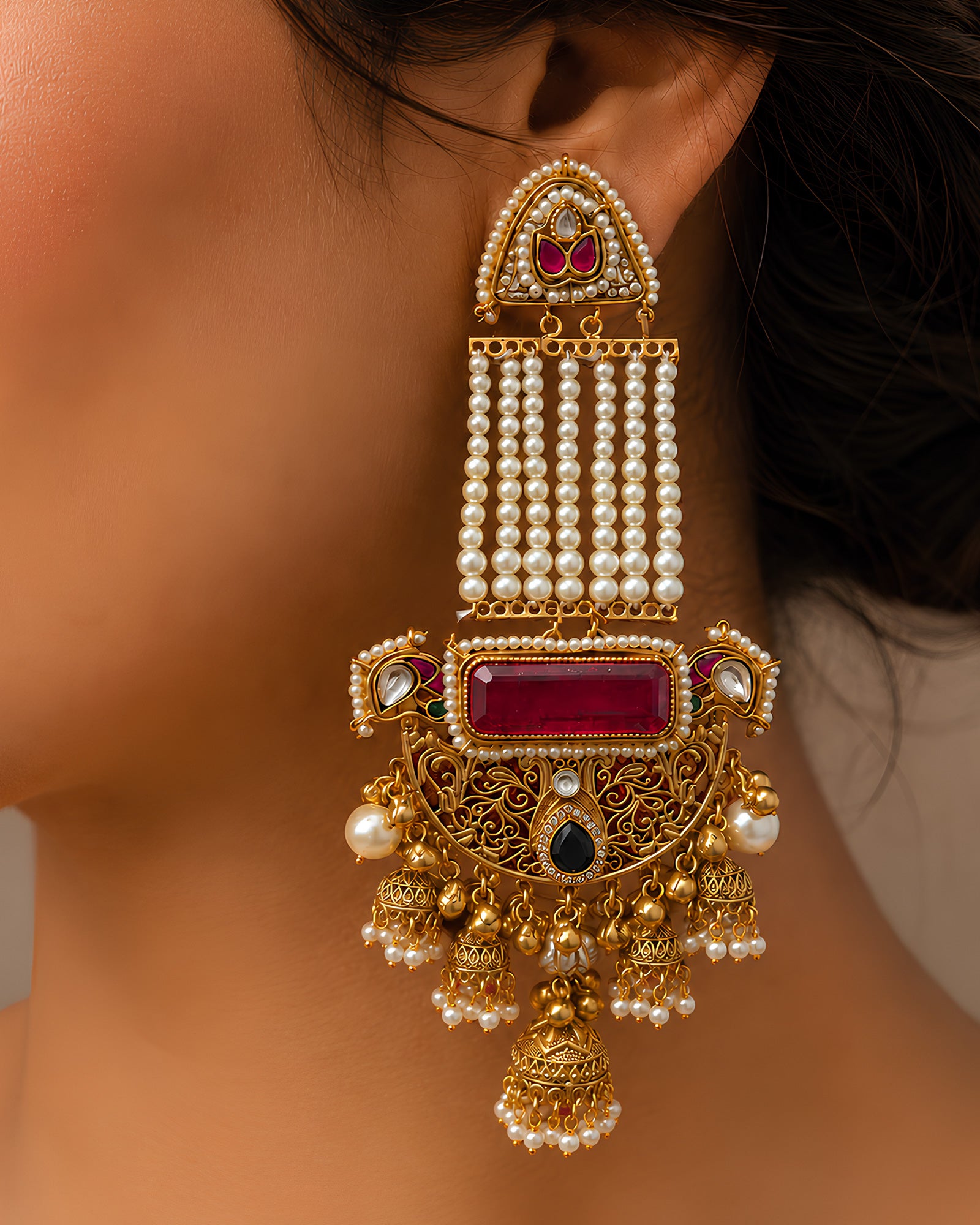 Ruby Rectangular Stone & Pearl-Strand Jhumka Earrings