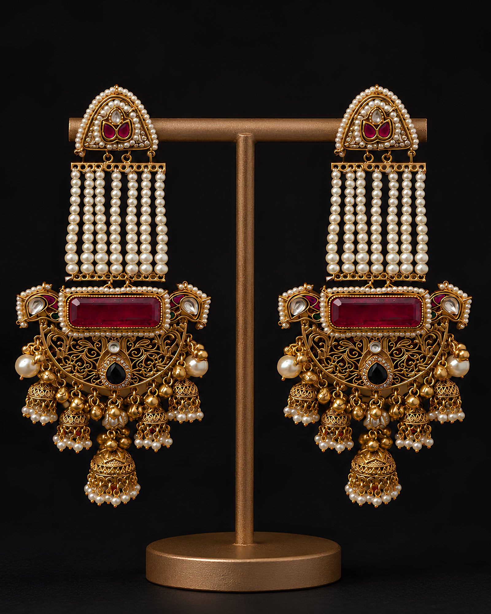 Ruby Rectangular Stone & Pearl-Strand Jhumka Earrings