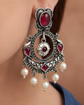 Ruby Ring & Pearl-Drop Oxidized Earrings