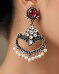 Ruby Stone & Pearl-Beaded Oxidized Chandbali Earrings