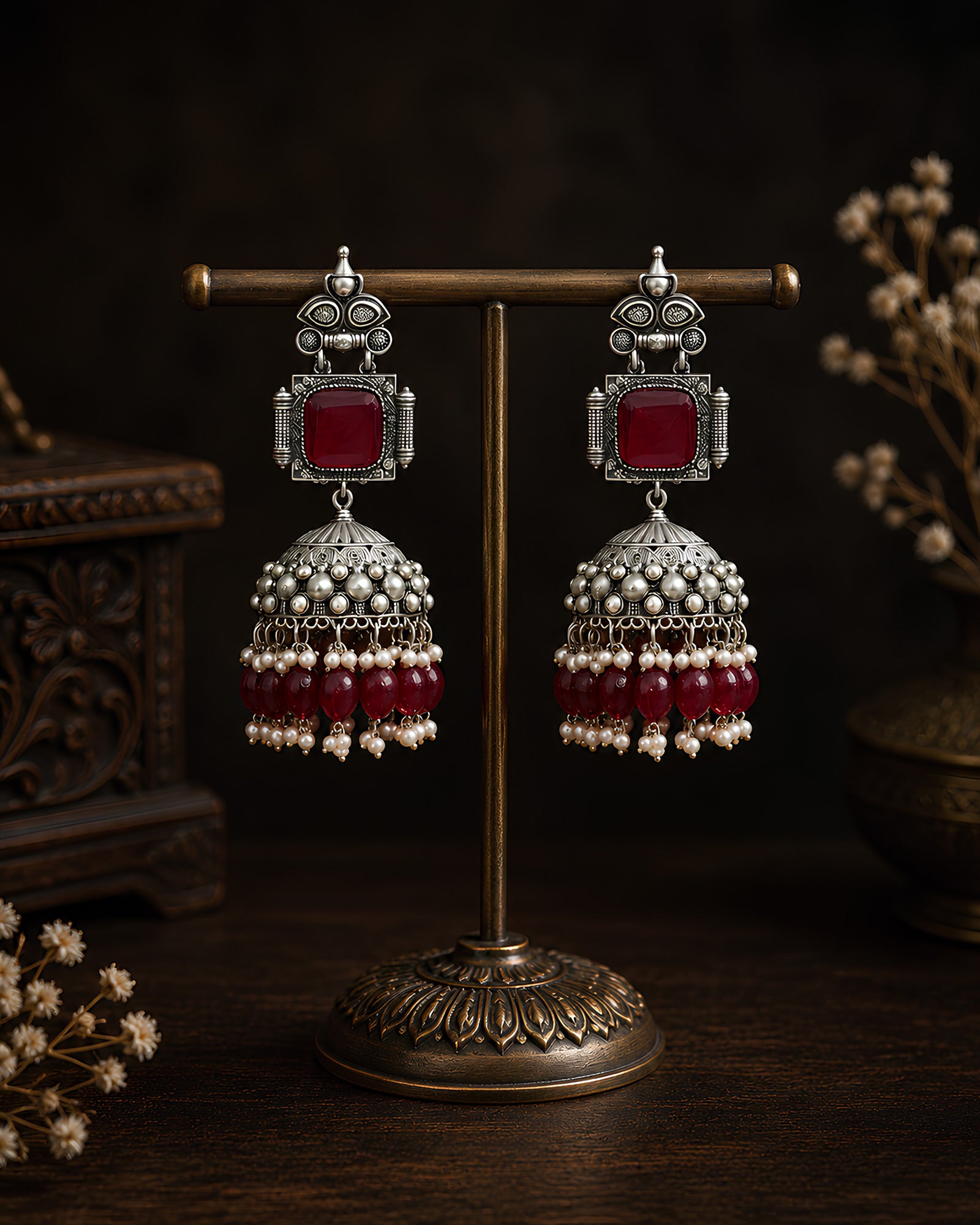 Ruby Stone & Pearl Jhumka Earrings