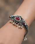 Ruby Stone Cluster & Ghungroo-Fringed Oxidized Kada